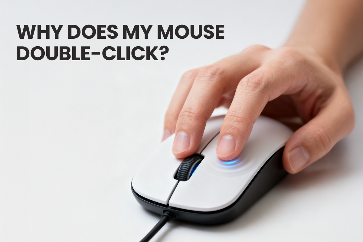 A hand clicking a mouse, with text asking "Why does my mouse double-click?".