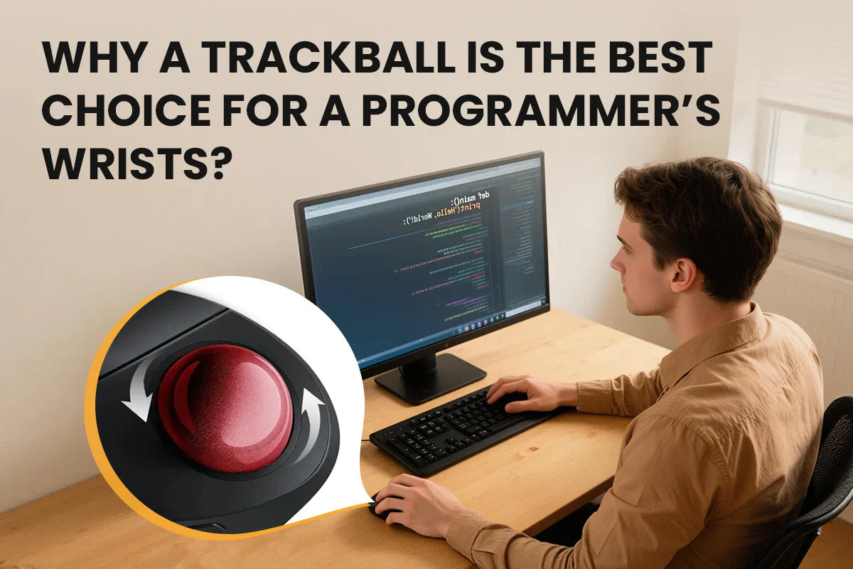 Programmer at desk with trackball mouse close-up and title text about wrist ergonomics