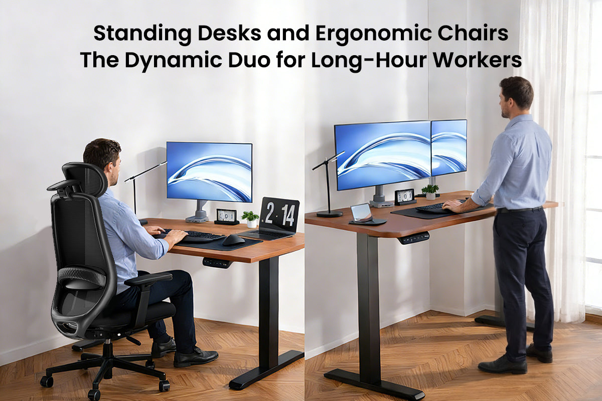 Standing desk and ergonomic chair combo setup for long-hour workers in home office workspace