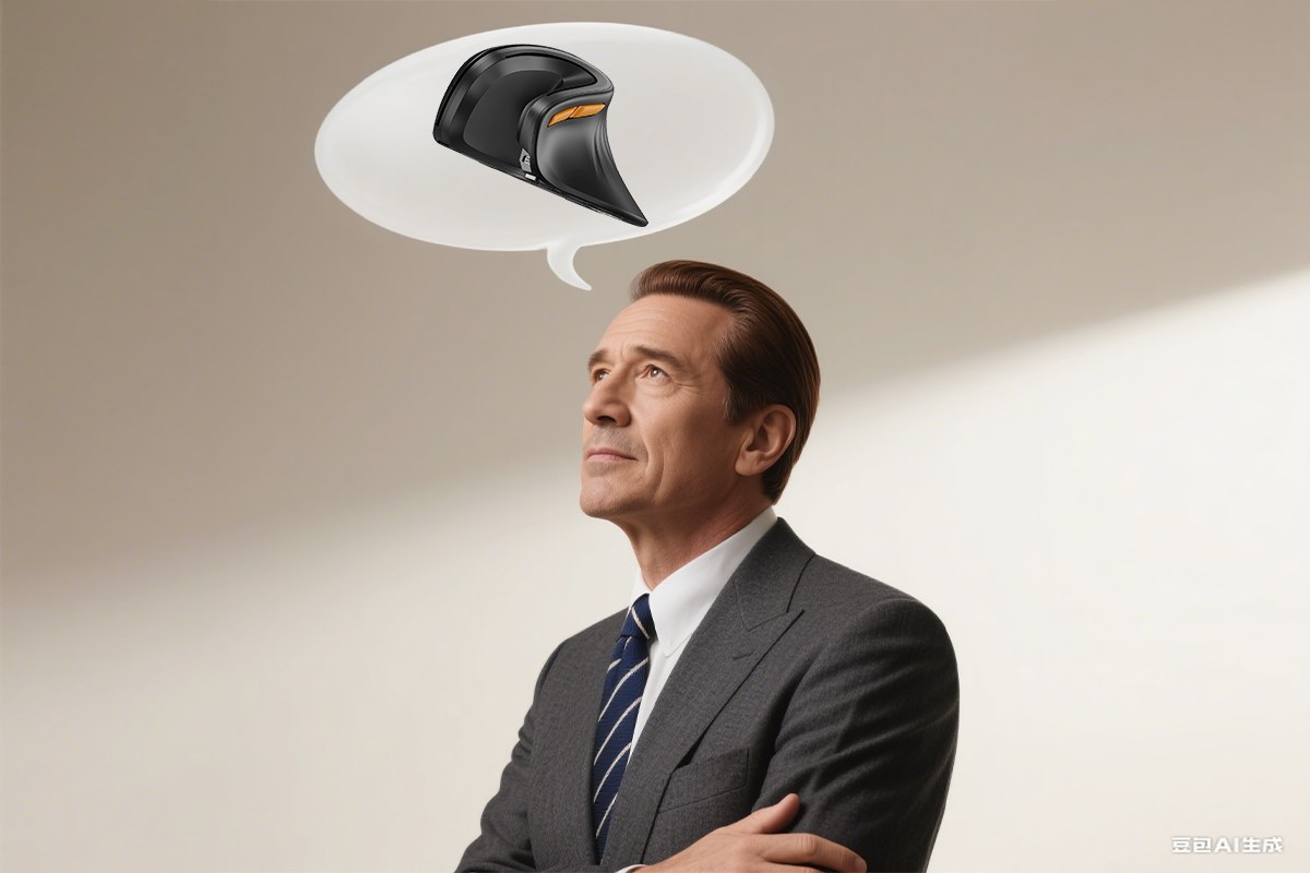 A businessman looking up at a thought bubble containing an ergonomic vertical mouse.