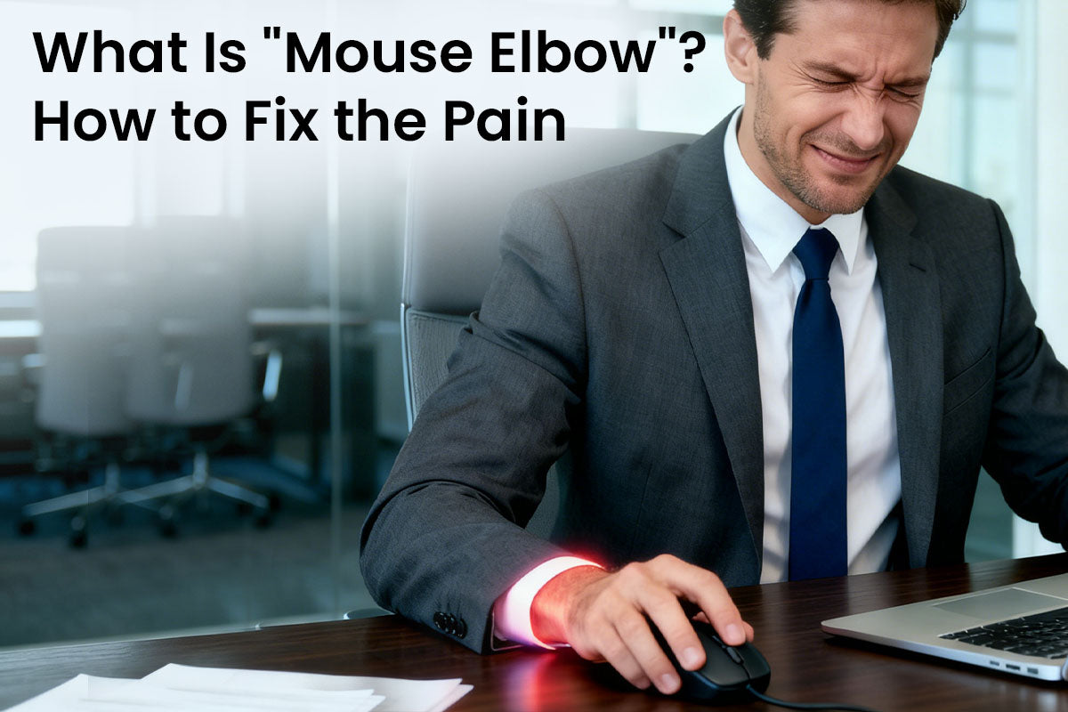 Office worker in business suit experiencing mouse elbow pain while using computer mouse with red inflammation indicator on elbow
