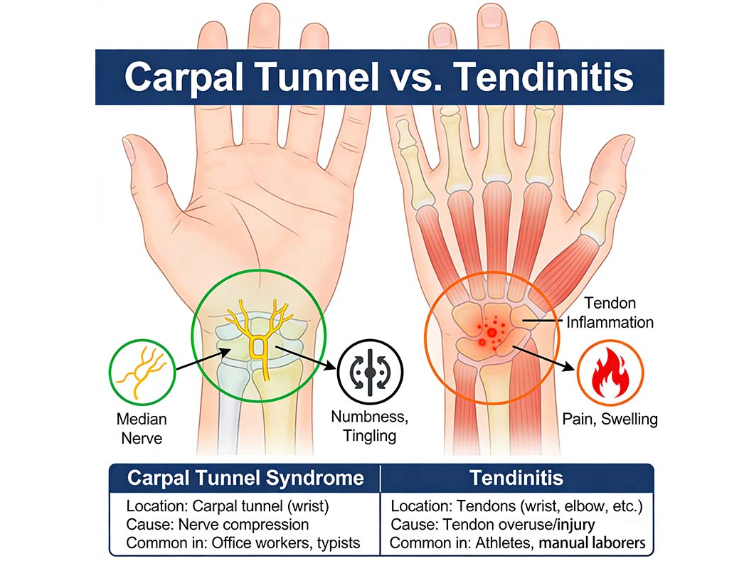 Medical infographic comparing symptoms and causes of Carpal Tunnel Syndrome versus Tendinitis.