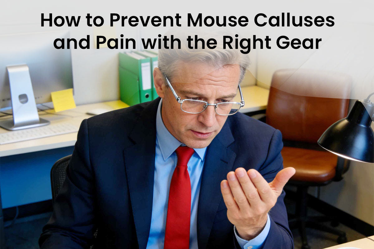 Man examining his palm for mouse calluses and wrist pain symptoms under office lighting.