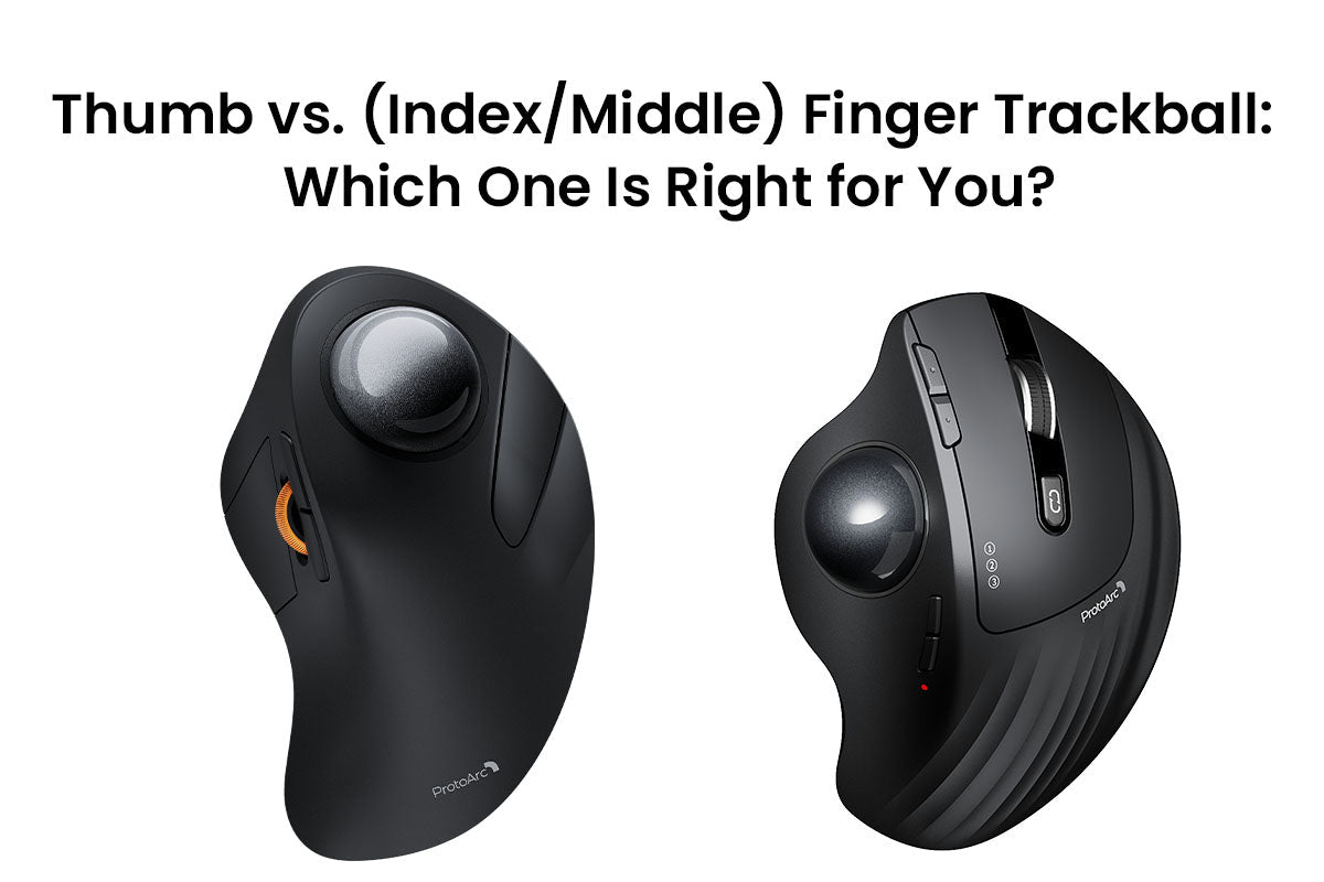 Person operating a finger-controlled trackball mouse next to a laptop.