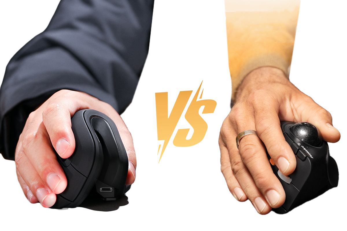 Comparison of vertical mouse (left) and trackball mouse (right) with gold 'VS' text between them, showing different hand positions for each ergonomic mouse type