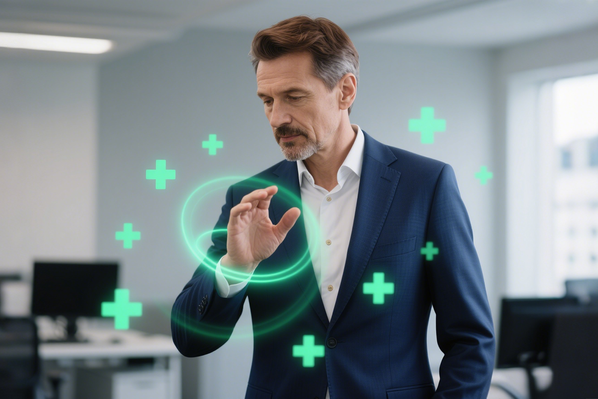A businessman interacts with a futuristic holographic display featuring health-related icons.