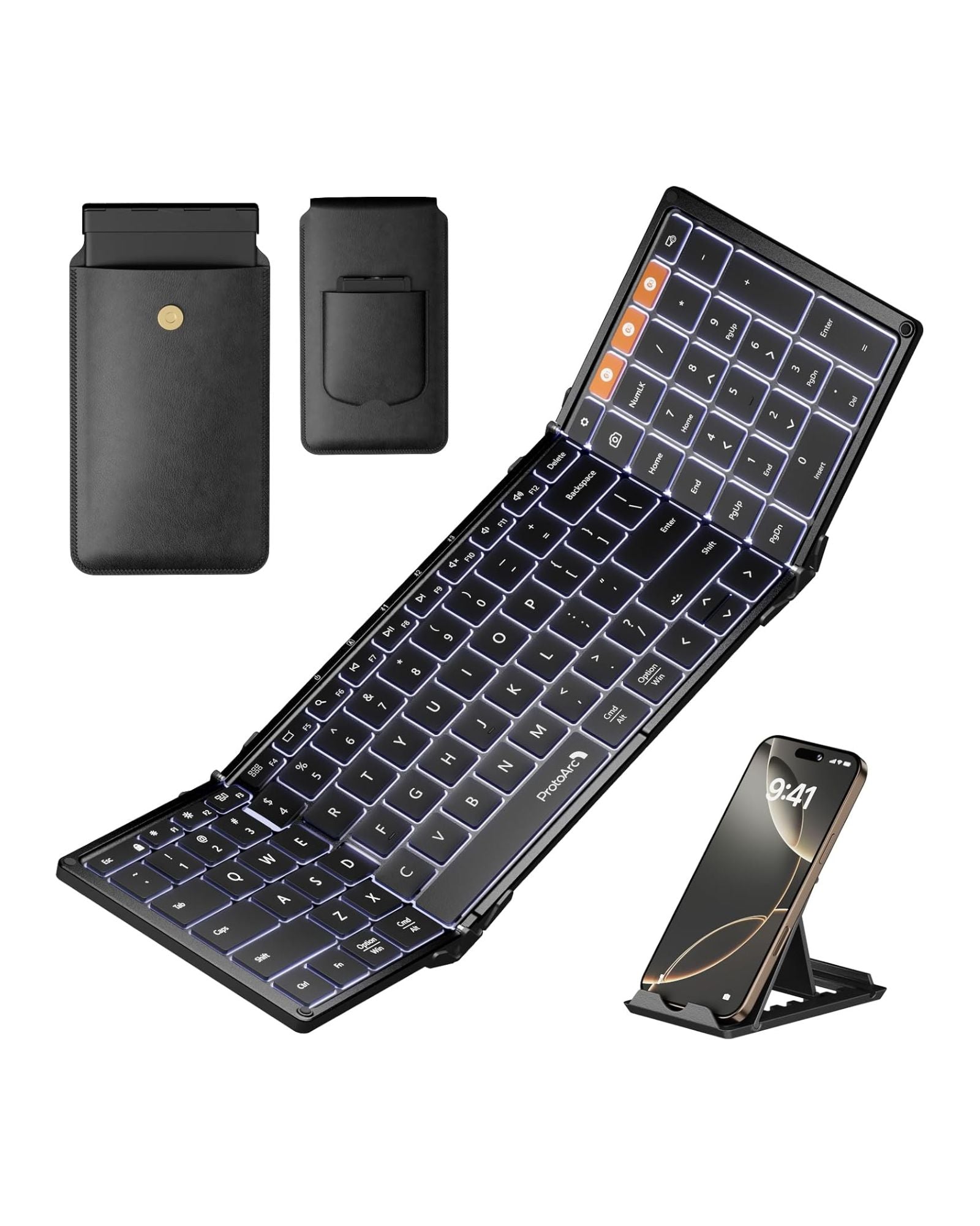 Black ProtoArc XK01 Plus foldable keyboard with white backlit keys, phone stand, and leather case.
