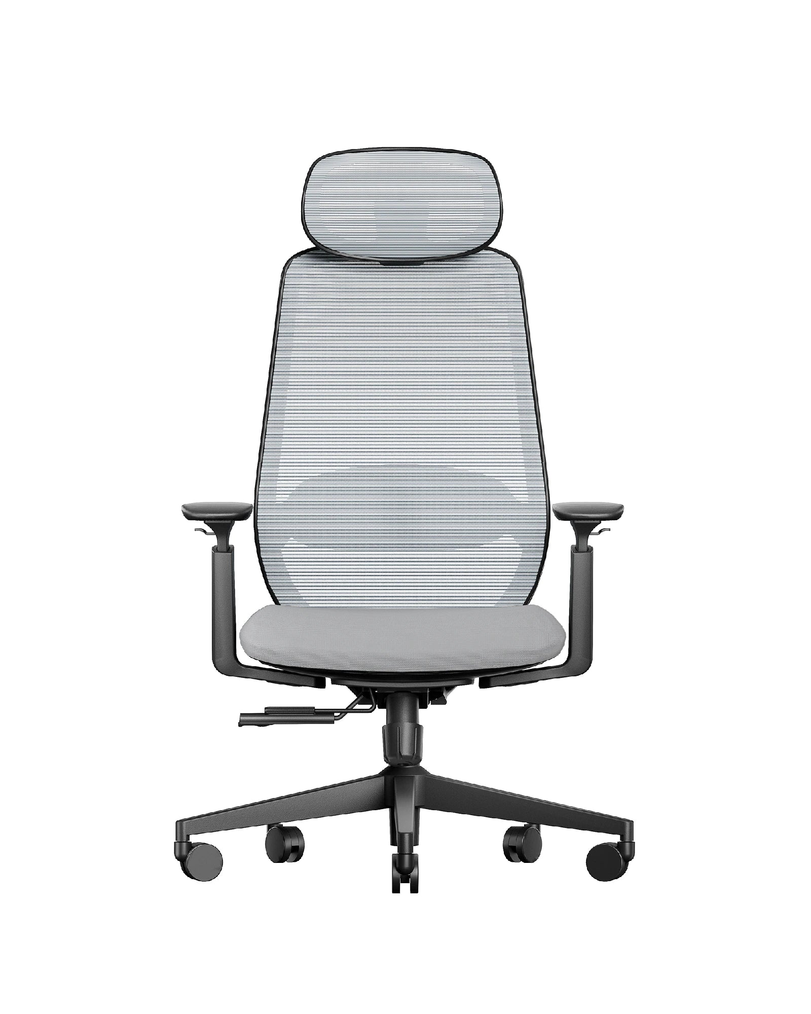 EC200 grey mesh ergonomic office chair with adjustable headrest, lumbar support, and five-star base with casters.