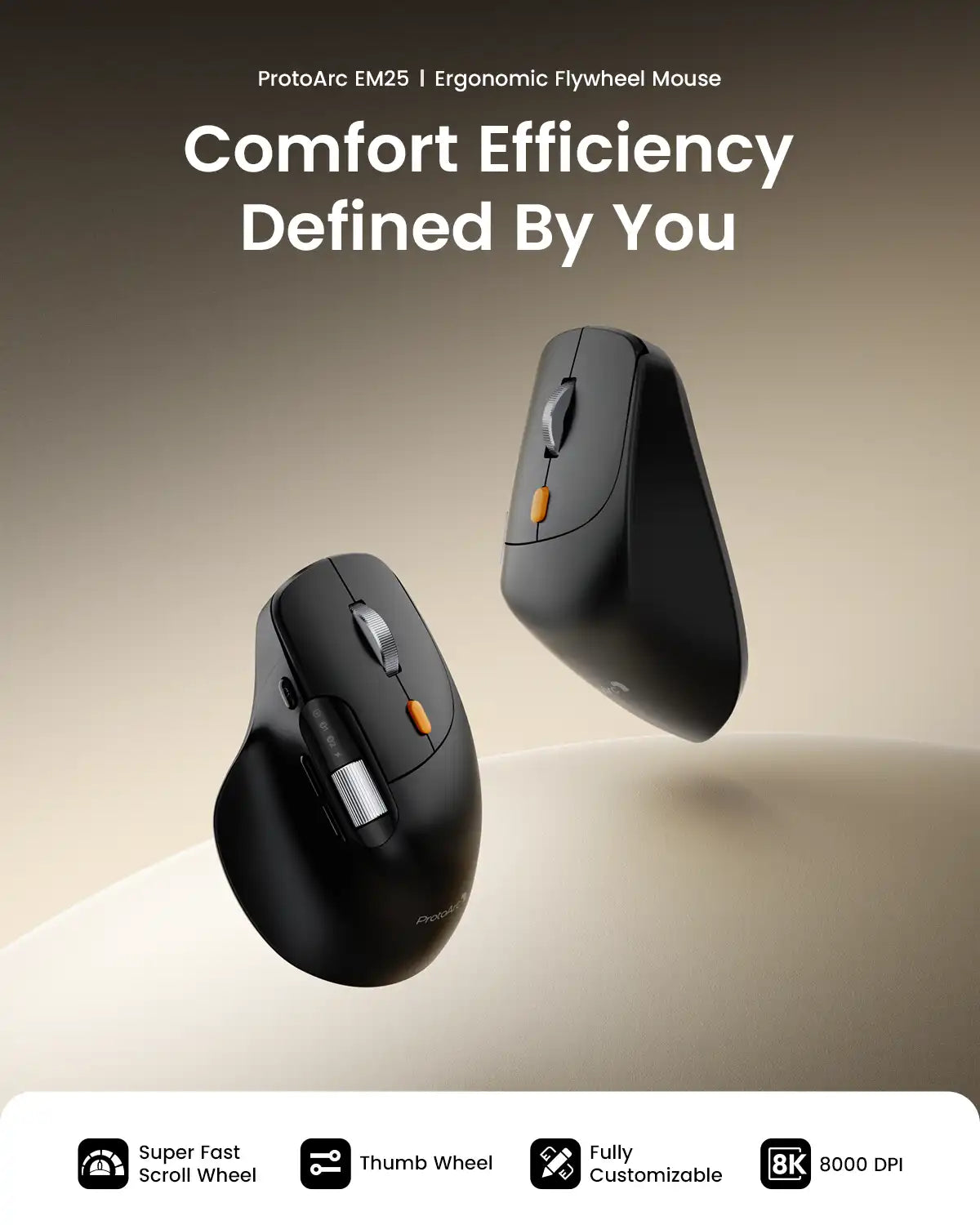 Black ProtoArc EM25 ergonomic mouse with fast scroll wheel, thumb wheel, and 8000 DPI.