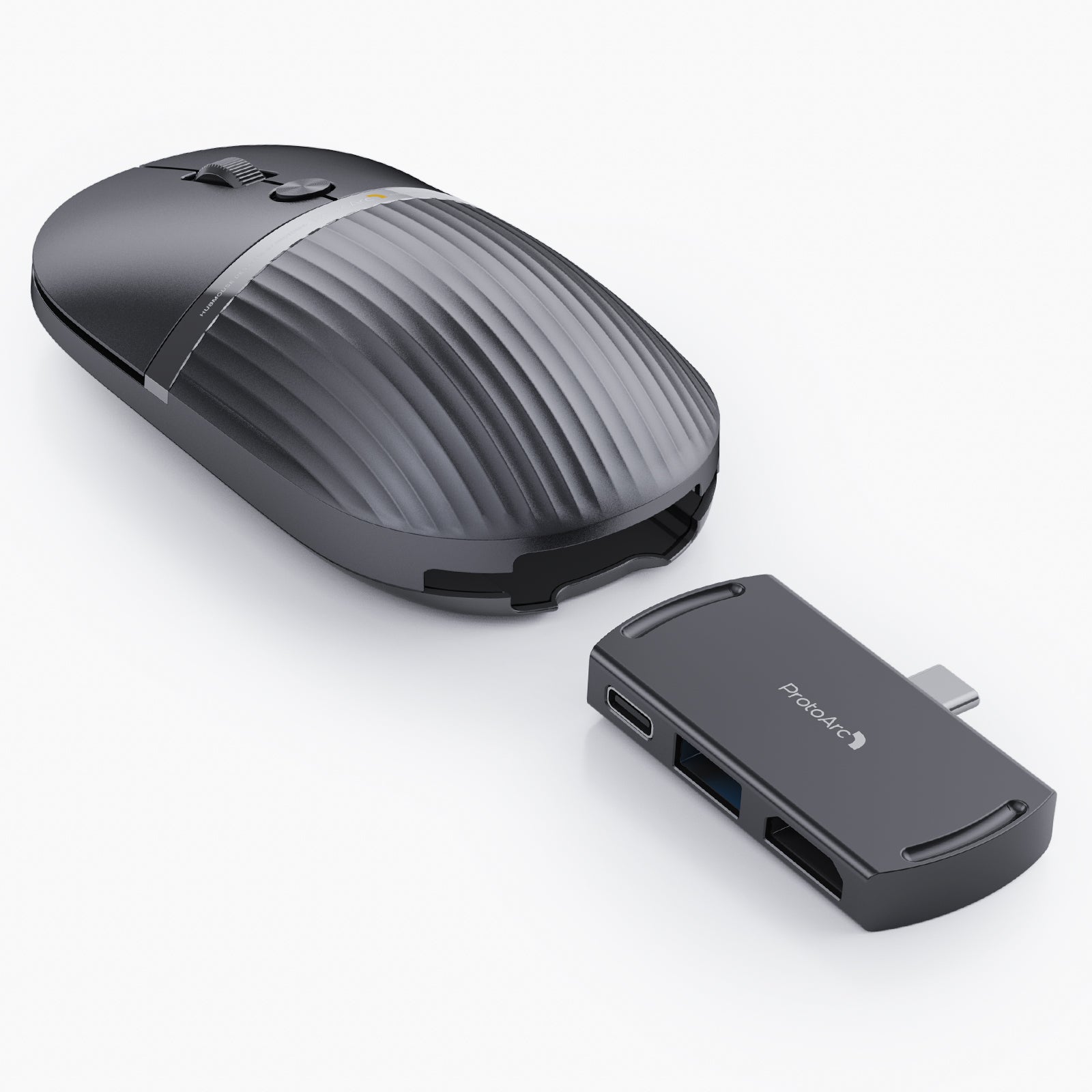 ProtoArc 2-in-1 travel hub mouse in dark grey, detached hub module with USB-C, USB-A, and HDMI ports.