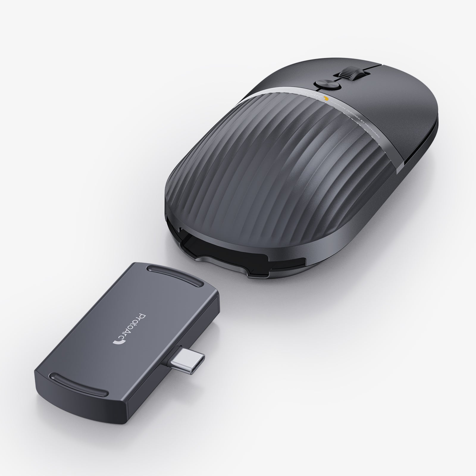 Dark grey ProtoArc 2-in-1 travel hub mouse with detached USB-C hub