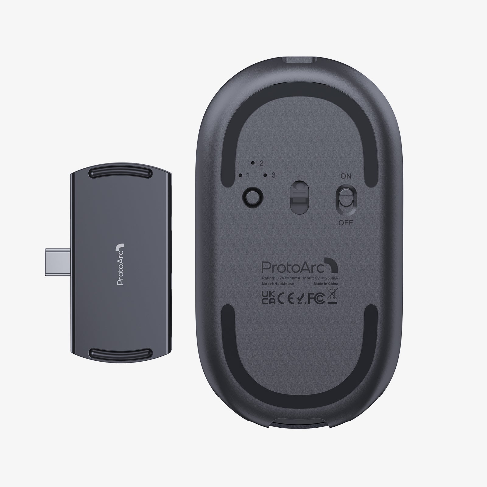 ProtoArc 2-in-1 Travel Hub Mouse, dark grey, with USB-C adapter shown separately.
