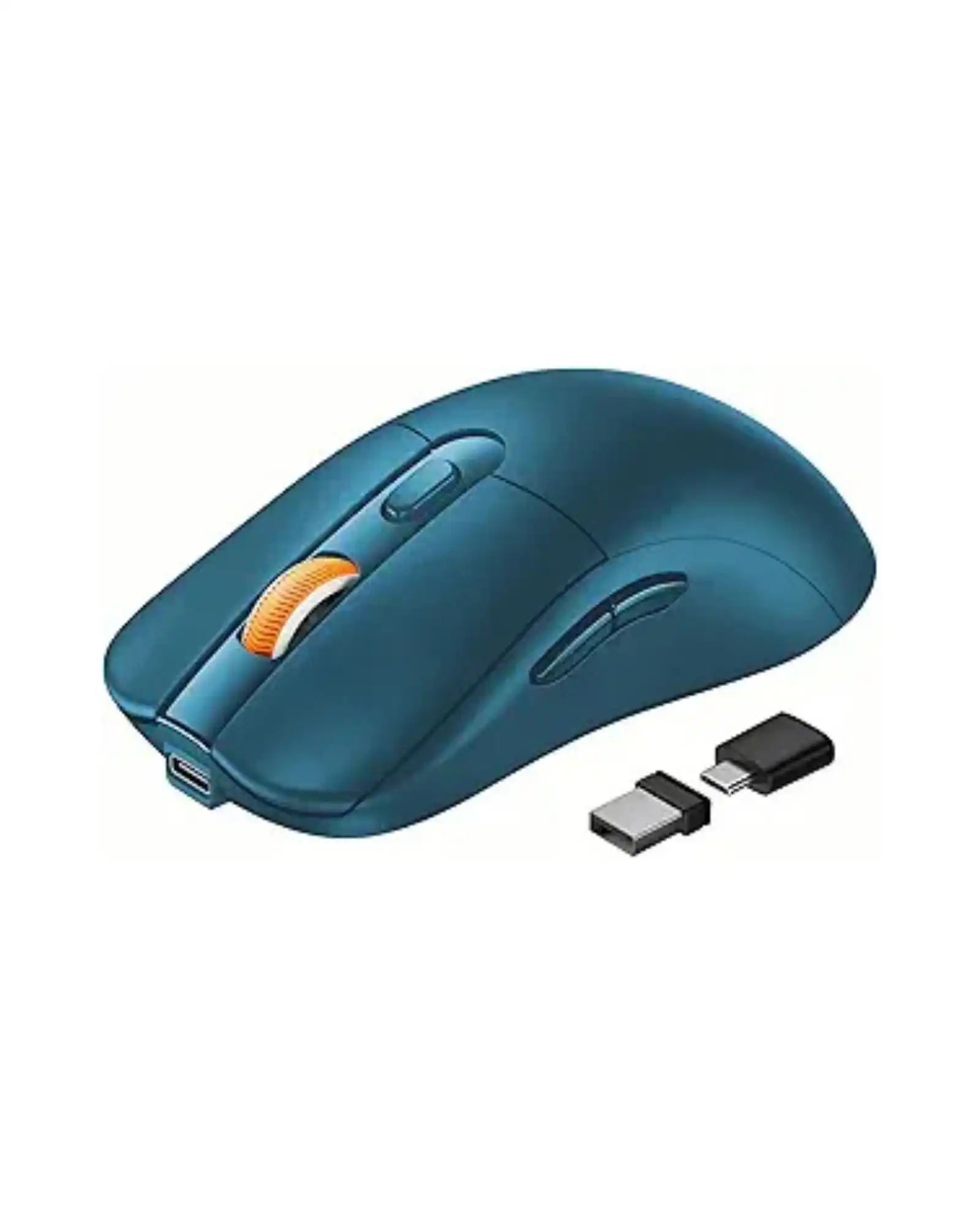 EM15 USB C wireless mouse in teal with orange scroll wheel and two USB-C adapters