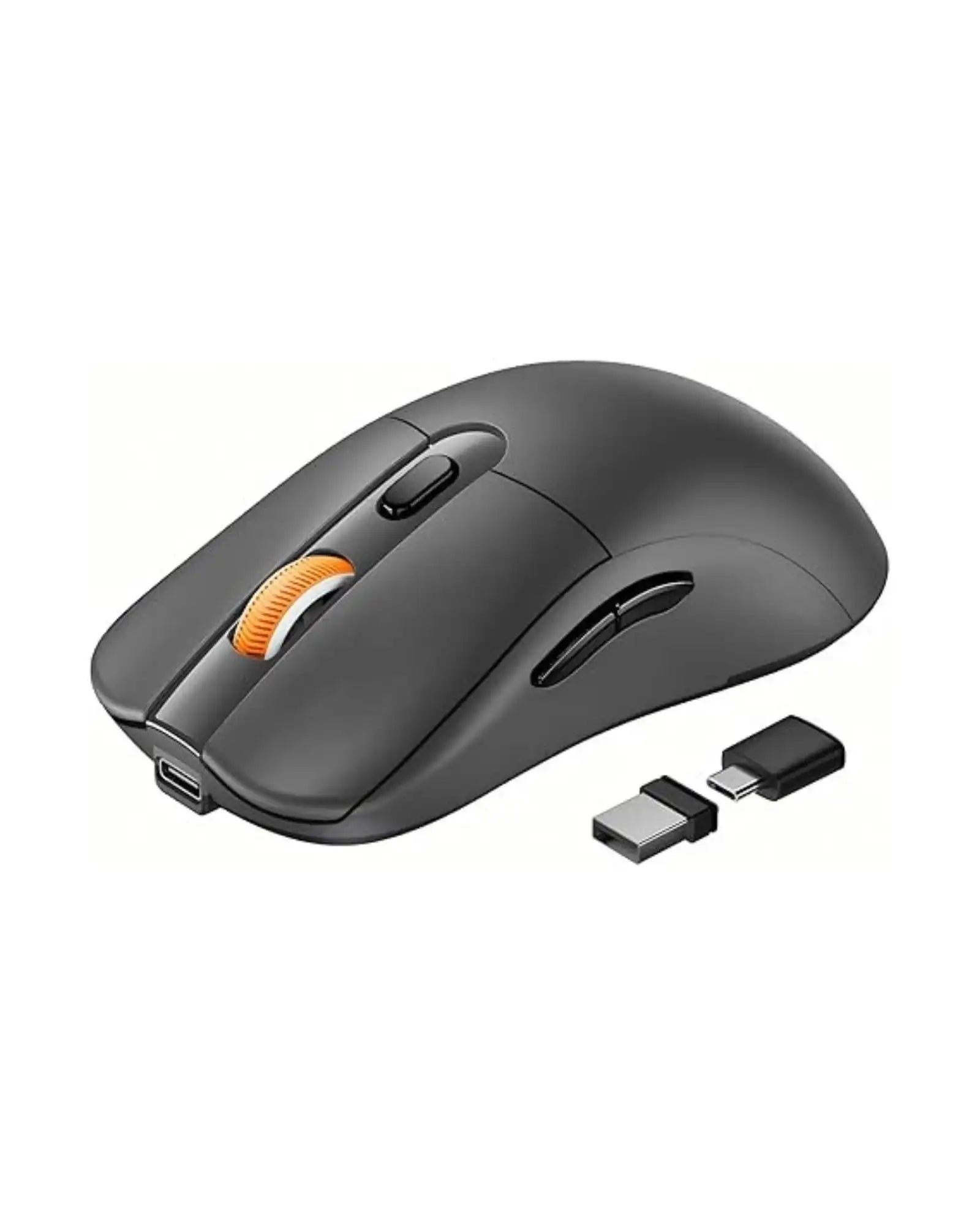 EM15 USB C wireless mouse in black with orange scroll wheel and USB-C/USB-A receivers