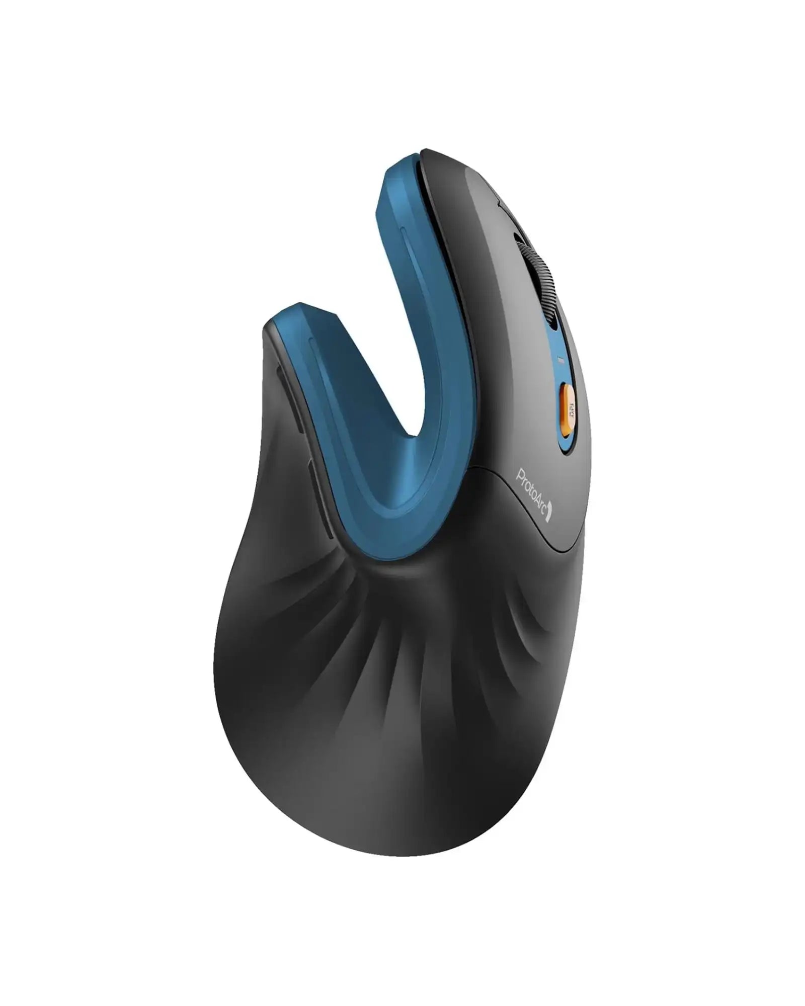 ProtoArc EM11 NL black ergonomic vertical mouse with blue accents, featuring dual connectivity and scroll wheel.