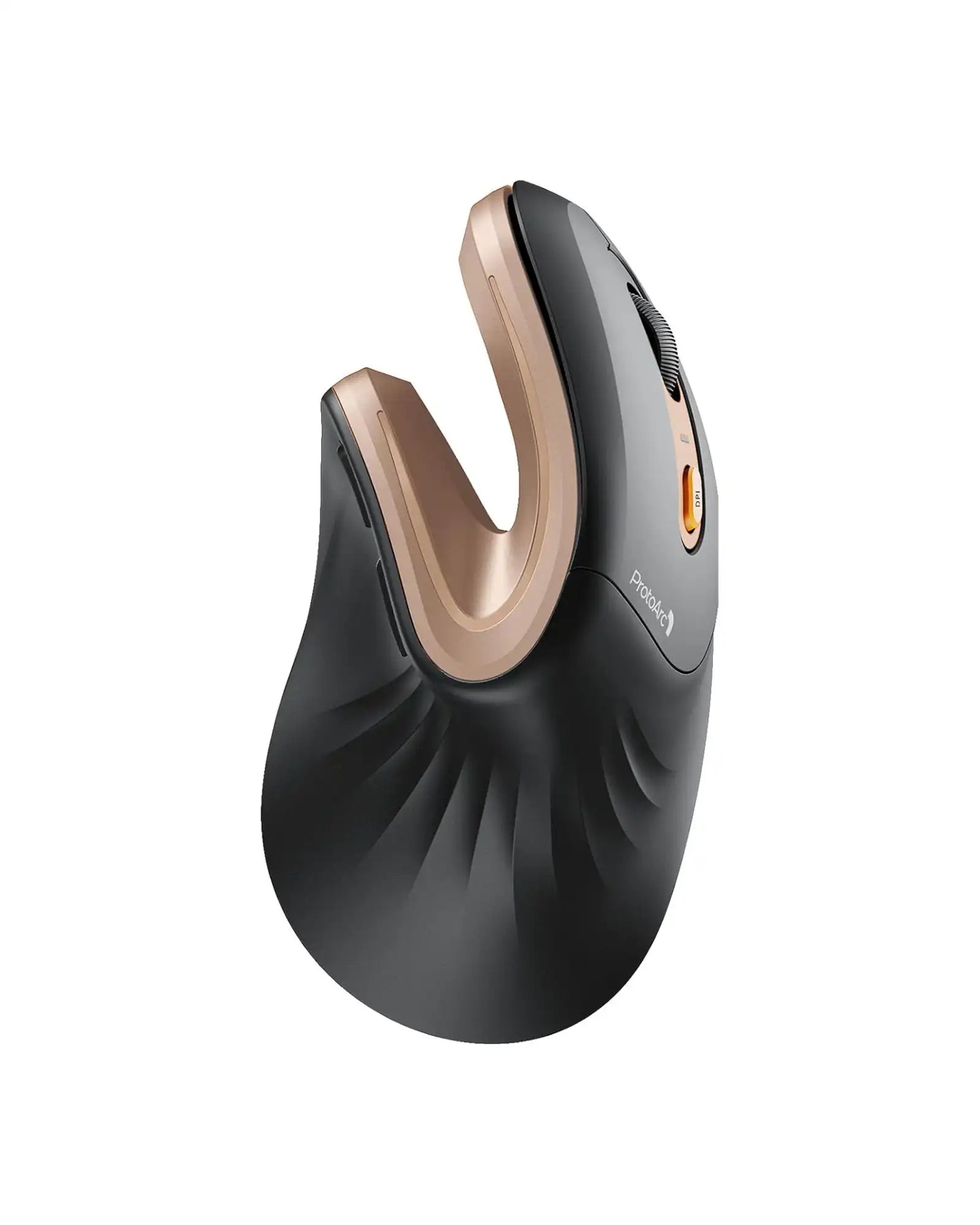 ProtoArc EM11 NL ergonomic vertical mouse in black with gold accents, featuring a unique contoured grip and a scroll wheel.