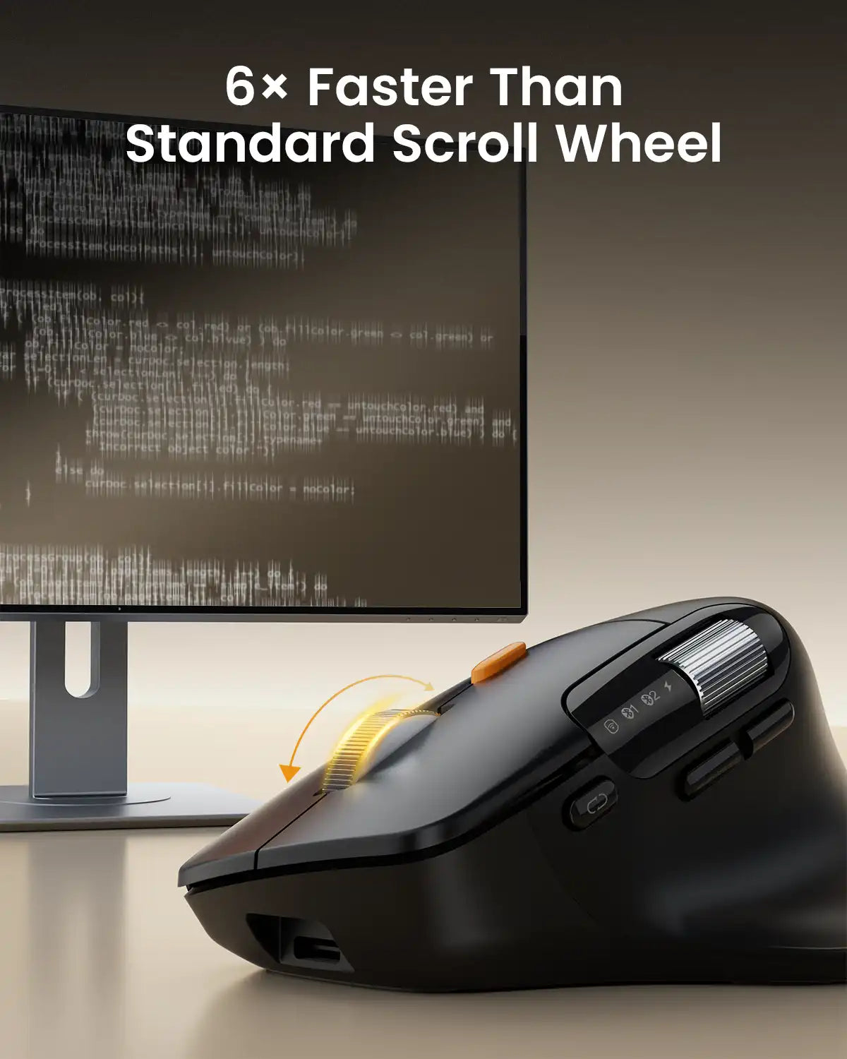 Black ProtoArc EM25 ergonomic mouse with fast scroll wheel, highlighted for its speed.