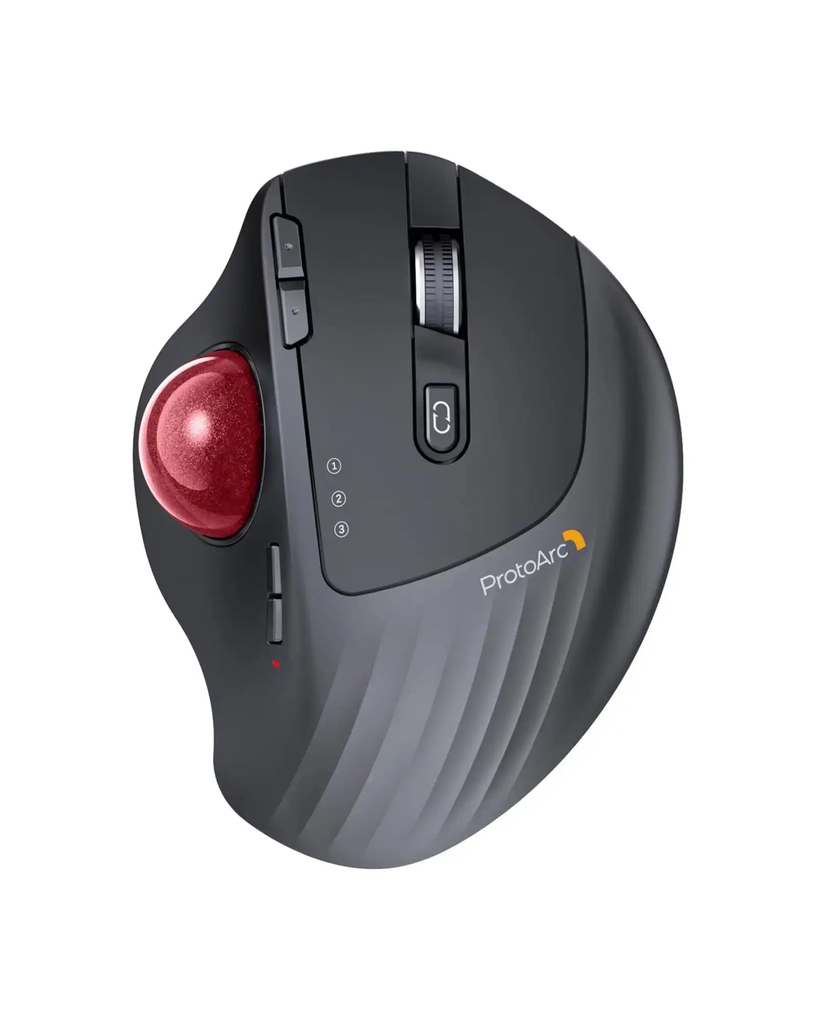 ProtoArc EM01 NL Wireless Ergonomic Trackball Mouse with red ball, scroll wheel, and multiple buttons.
