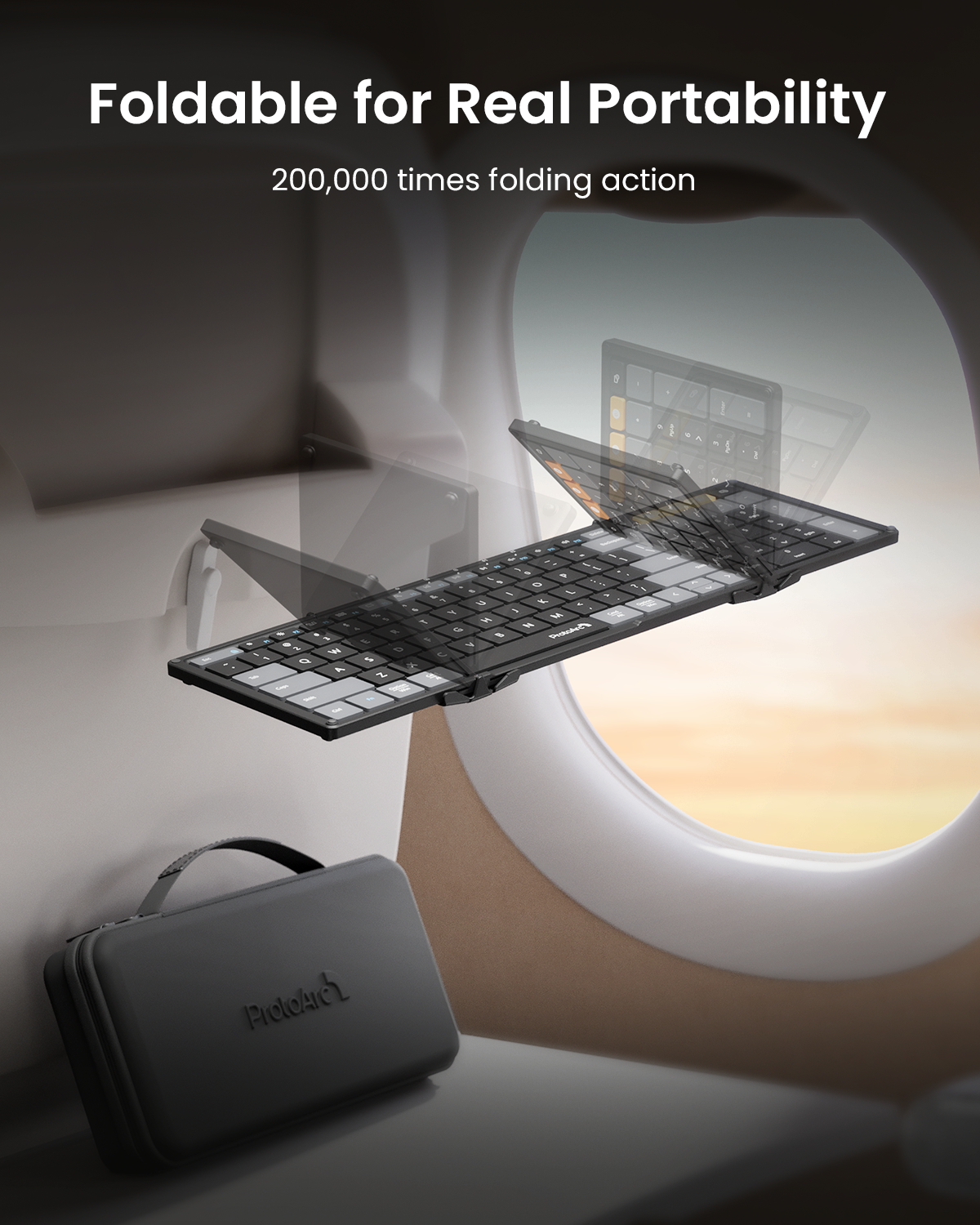 XKM01 CaseUp foldable keyboard open on airplane tray table with travel case below, sunset view from window.