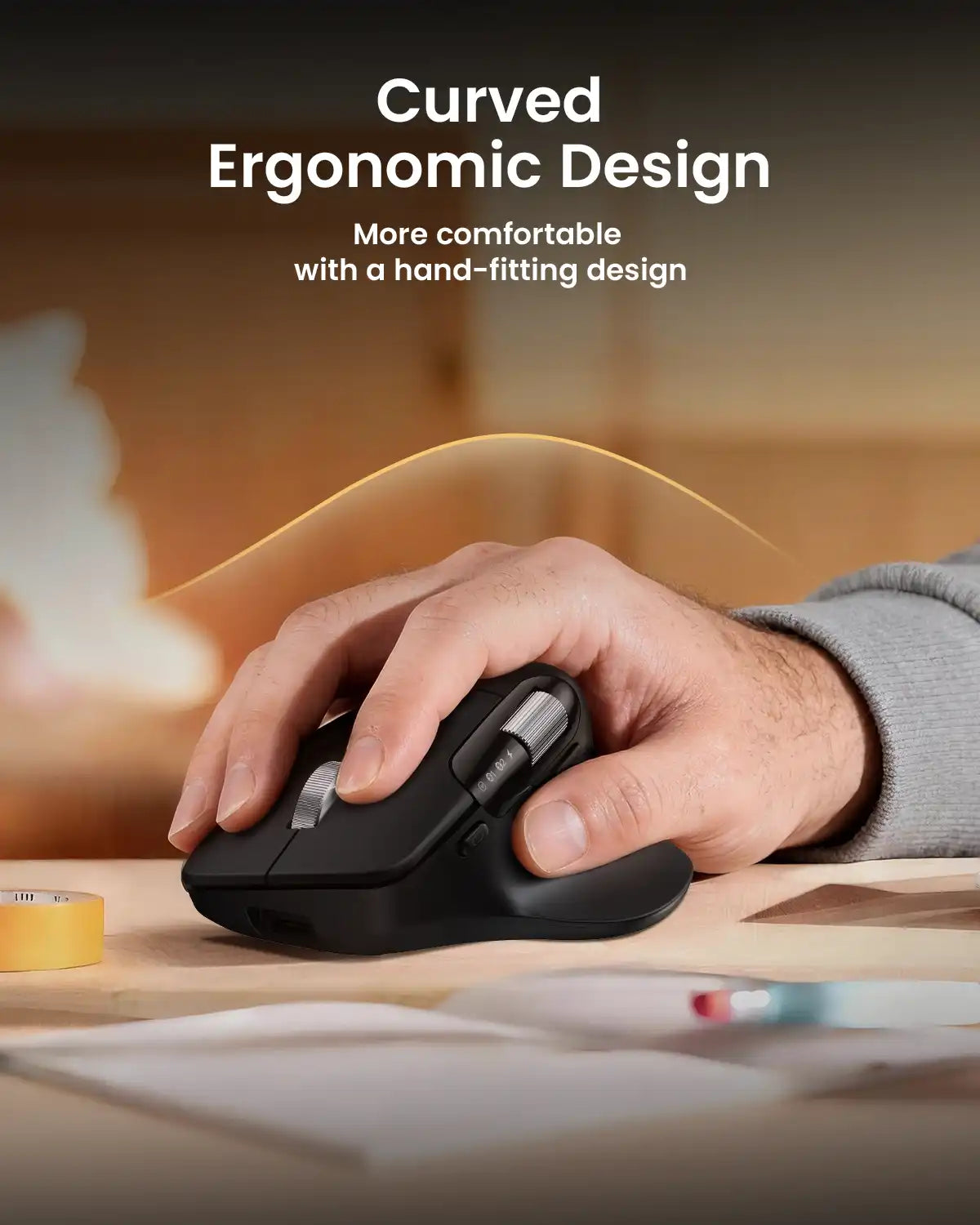 Black ProtoArc EM25 ergonomic mouse with curved design, featuring fast scroll wheel and adjustable DPI.