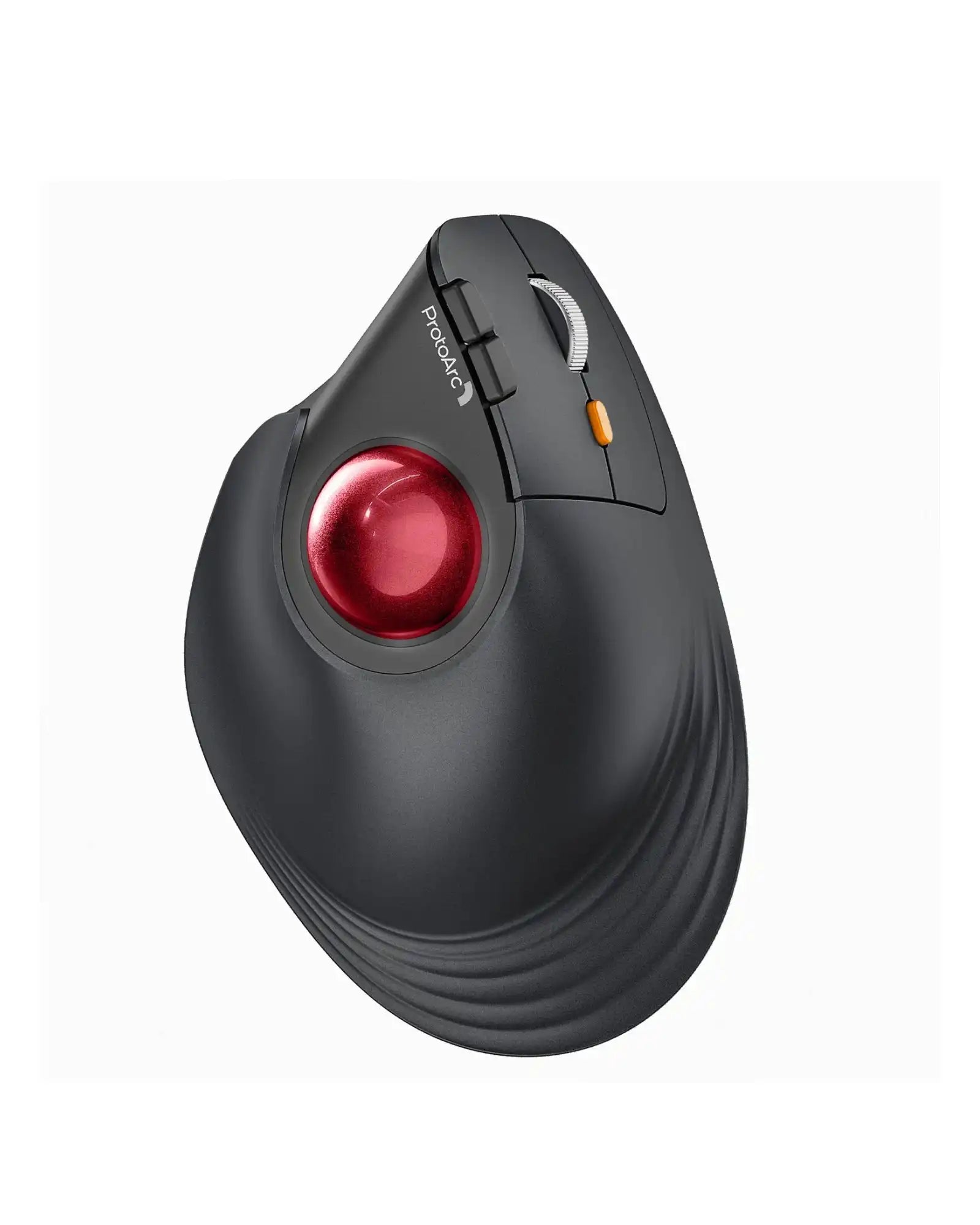 Black ProtoArc EM05 NL ergonomic vertical wireless trackball mouse with red trackball and silver scroll wheel.