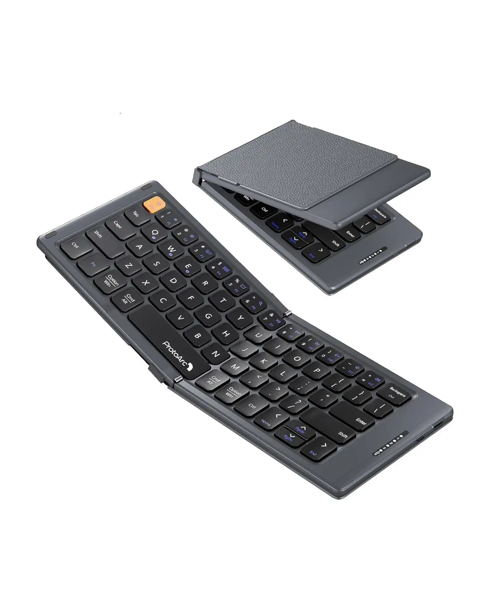 Gray foldable compact Bluetooth keyboard with ProtoArc branding, shown open and partially folded with its protective cover.