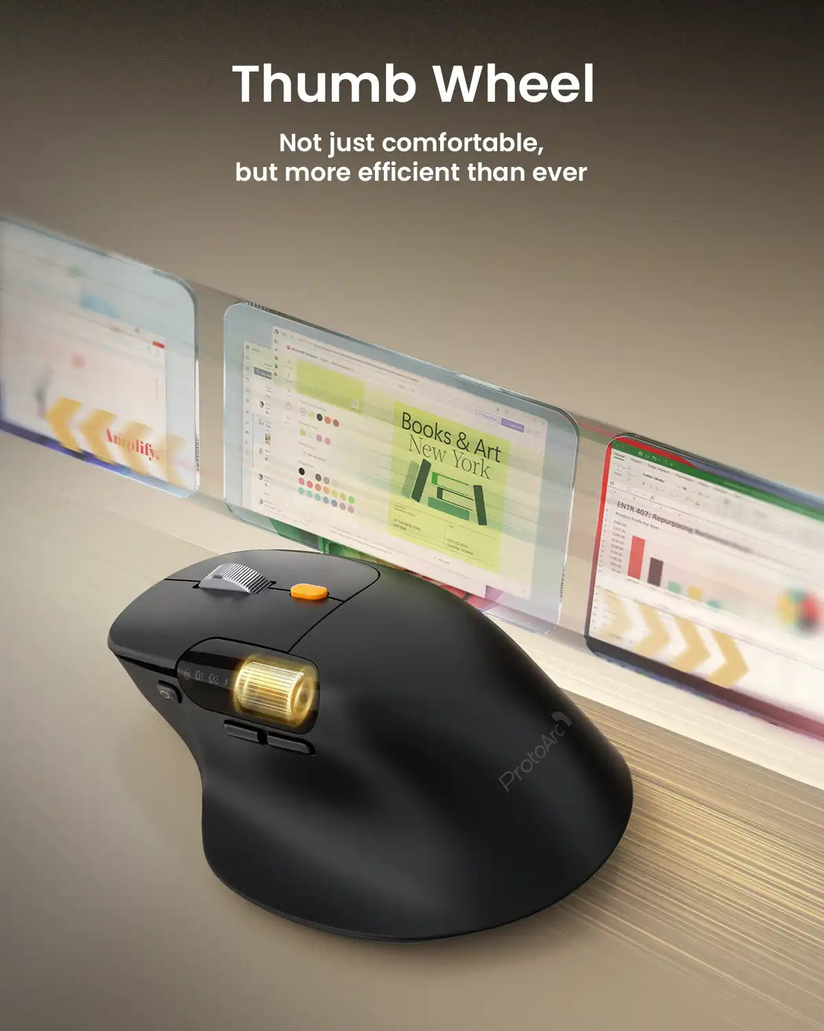 Black ProtoArc EM25 ergonomic mouse with a prominent thumb scroll wheel and multiple screens displaying work content.