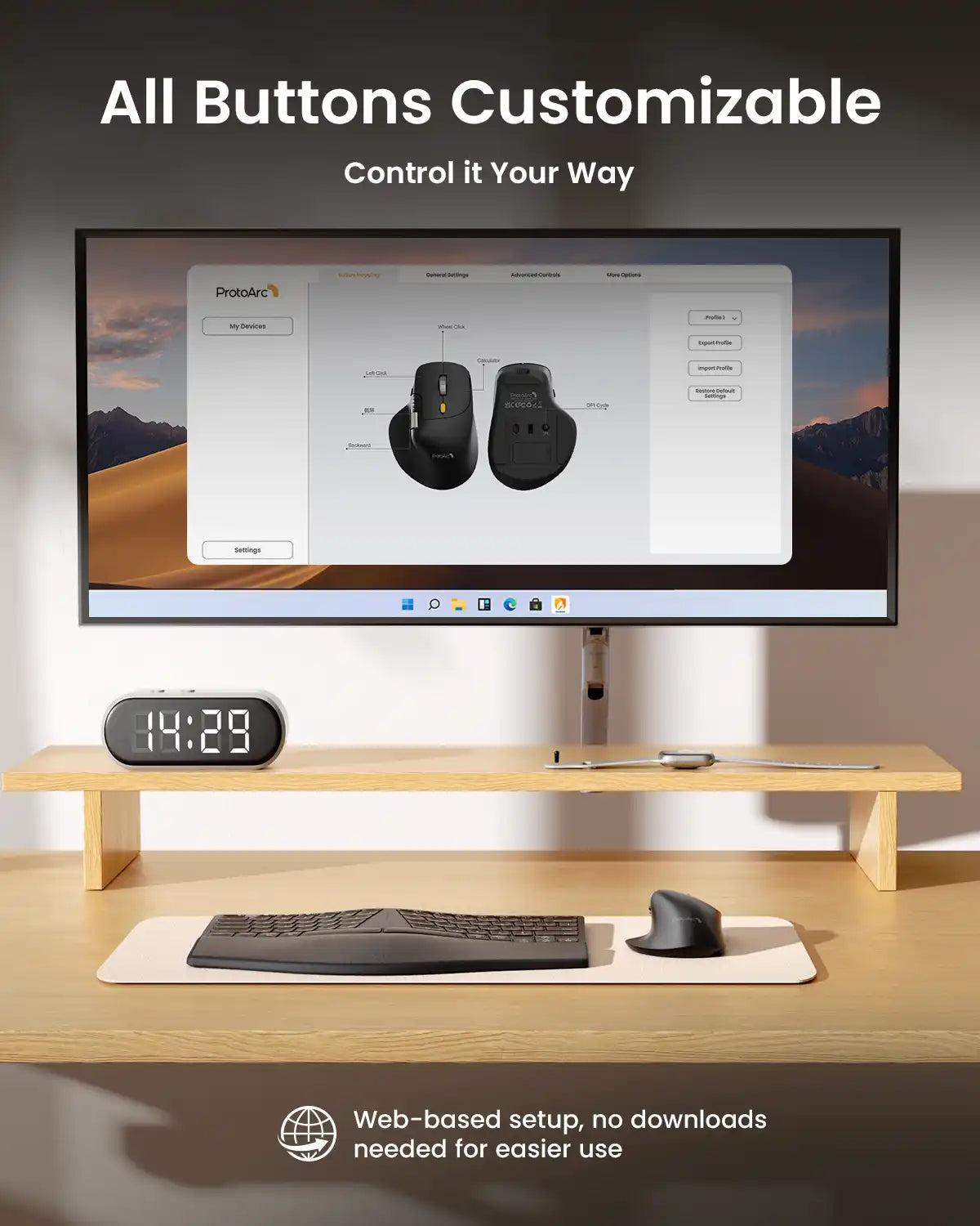 ProtoArc EM25 ergonomic mouse shown on screen with customization software, next to a keyboard and clock.