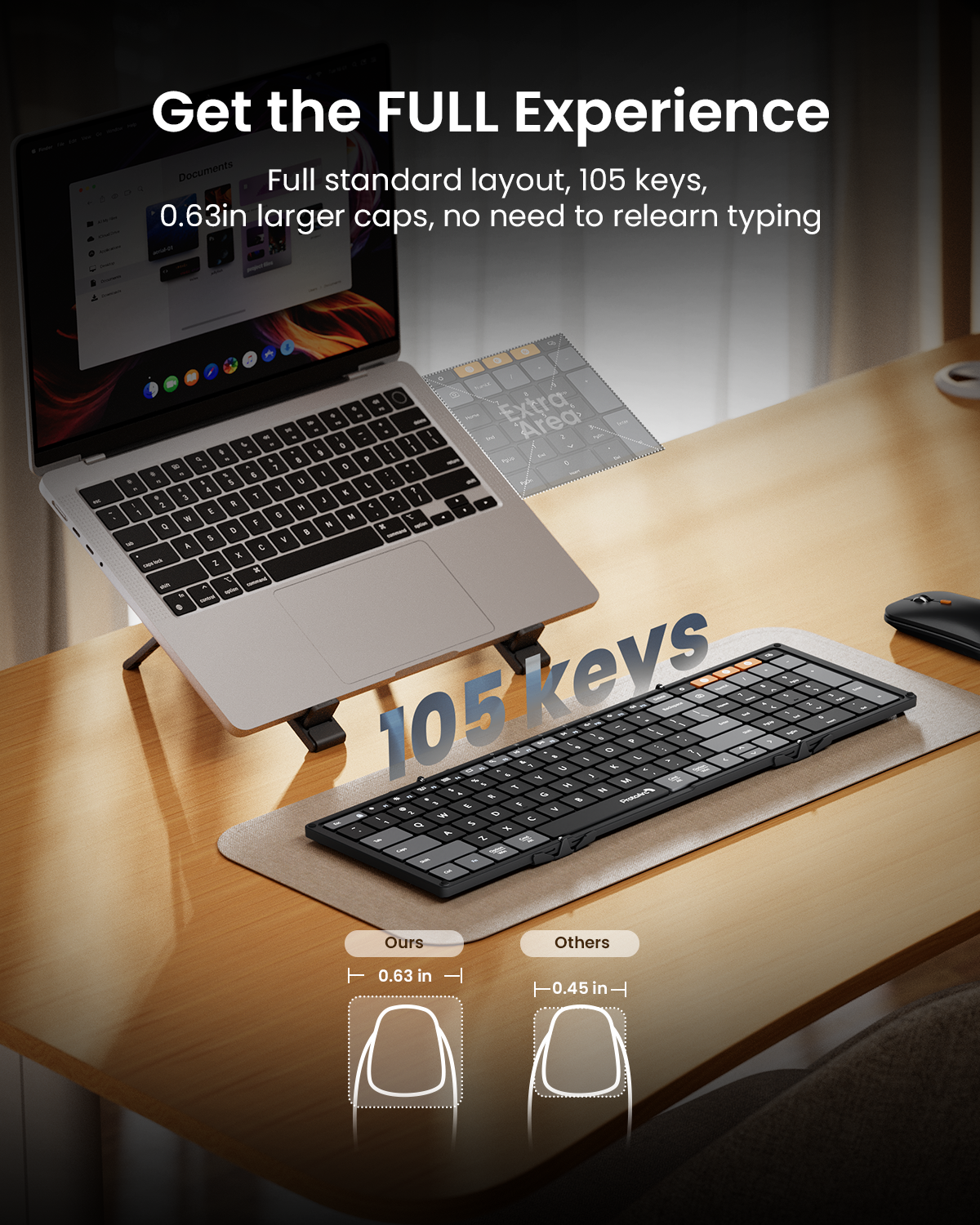 XKM01 CaseUp foldable keyboard with 105 keys and larger 0.63 inch keycaps next to laptop on stand.