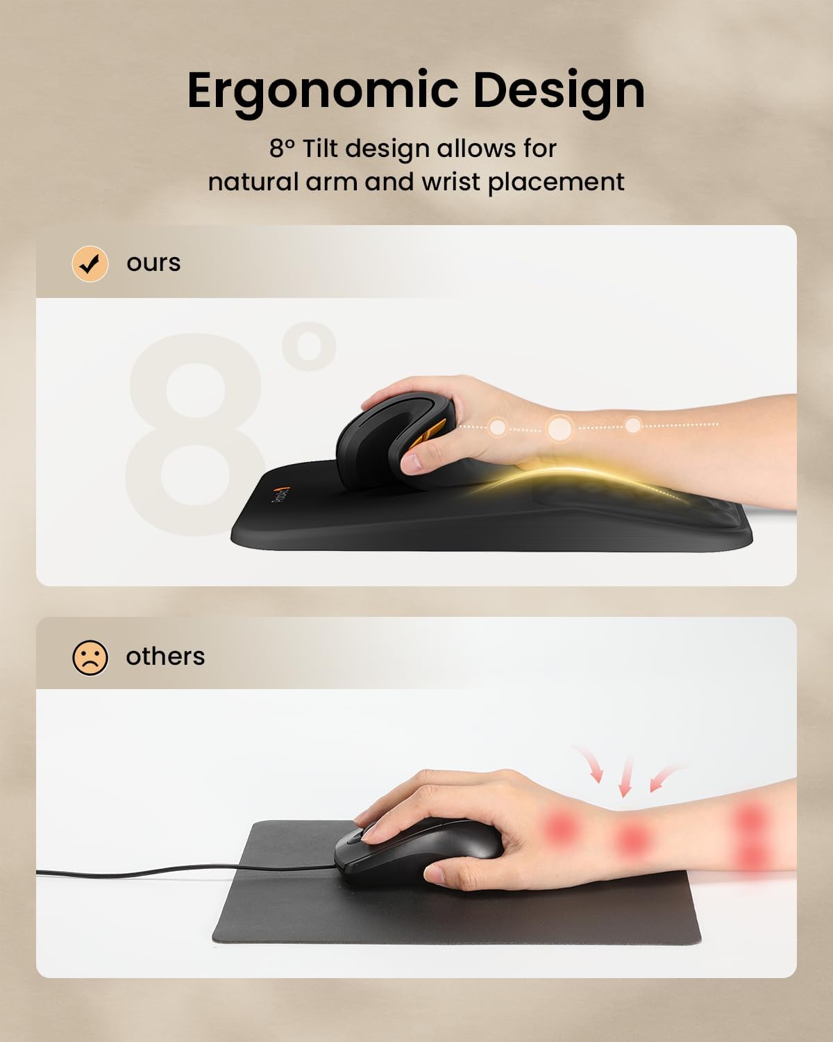 ProtoArc MP50 ergonomic mouse pad: 8° tilt, natural wrist placement. Standard pad causes strain.