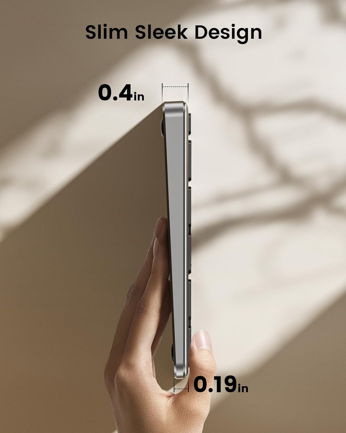 ProtoArc K110-A slim aluminum Bluetooth keyboard showing 0.4in and 0.19in thickness with sleek design.
