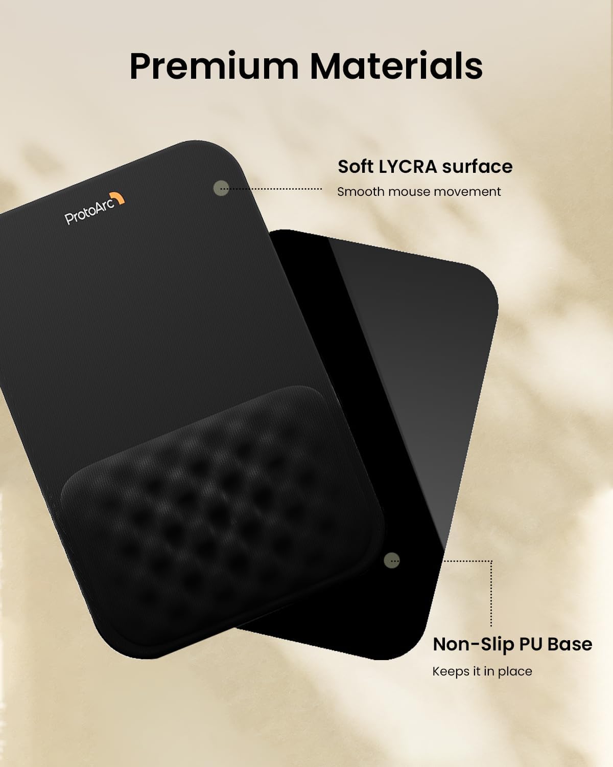 Black ProtoArc MP50 ergonomic mouse pad with soft Lycra surface and non-slip PU base.