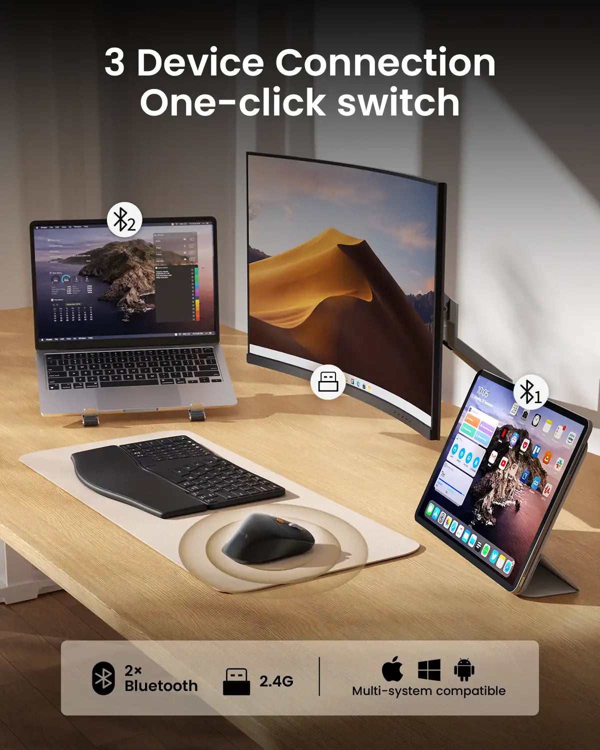 EM25 Ergonomic Mouse with trackball, shown connected to a laptop, monitor, and tablet with one-click switching.