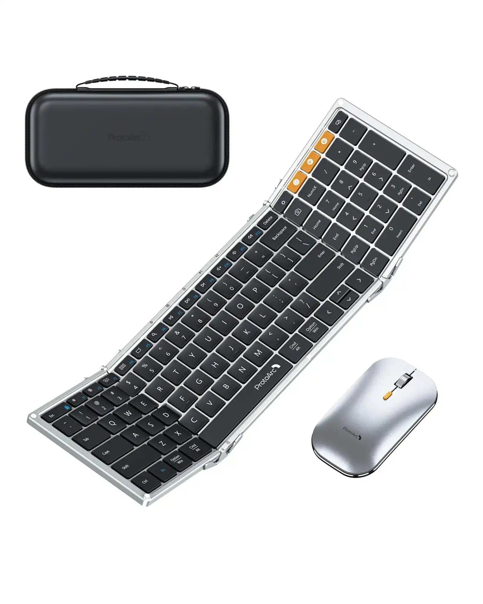 ProtoArc foldable travel keyboard with wireless mouse and carrying case on white background