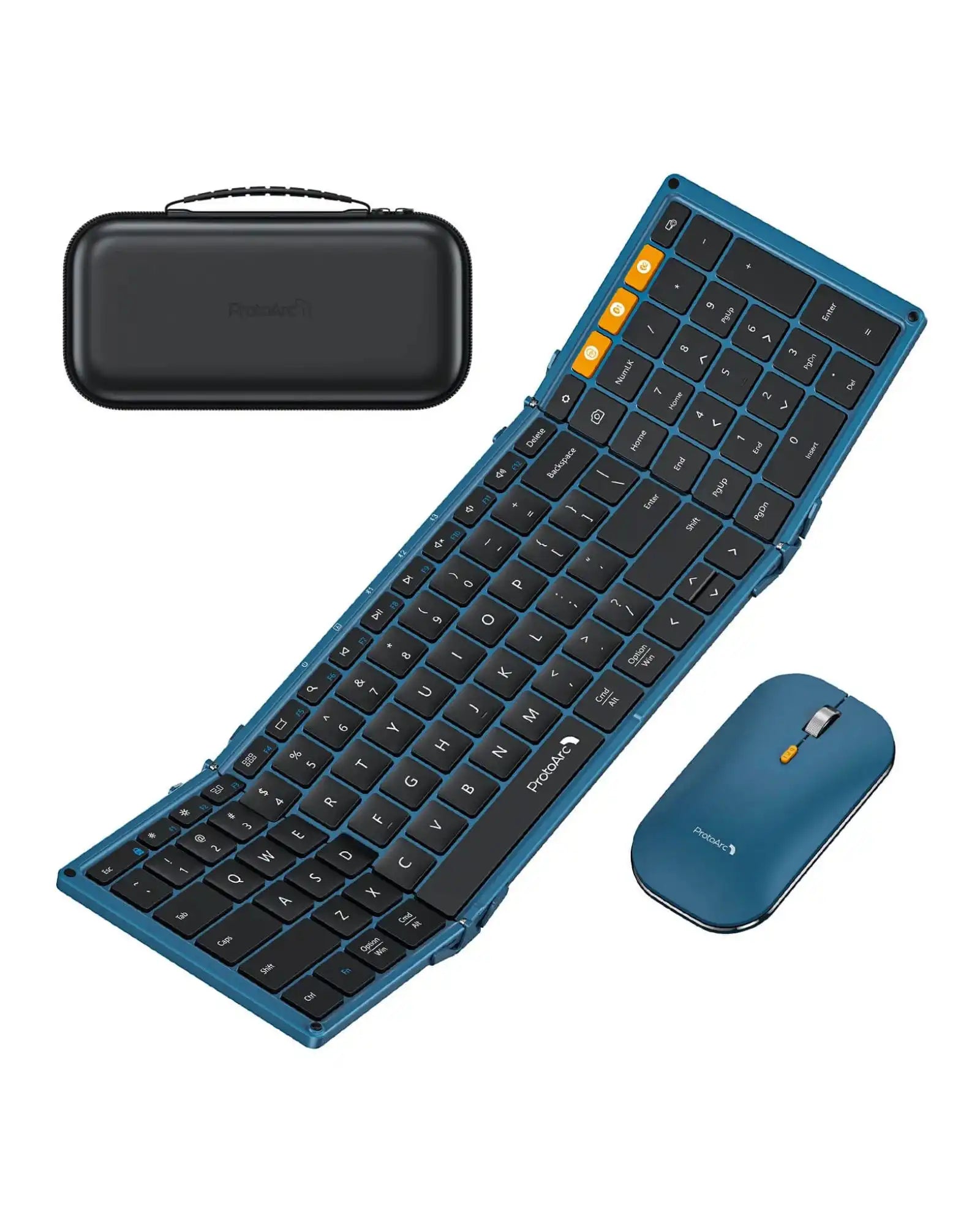 ProtoArc XKM01 foldable Bluetooth keyboard and mouse combo in blue with black travel case.