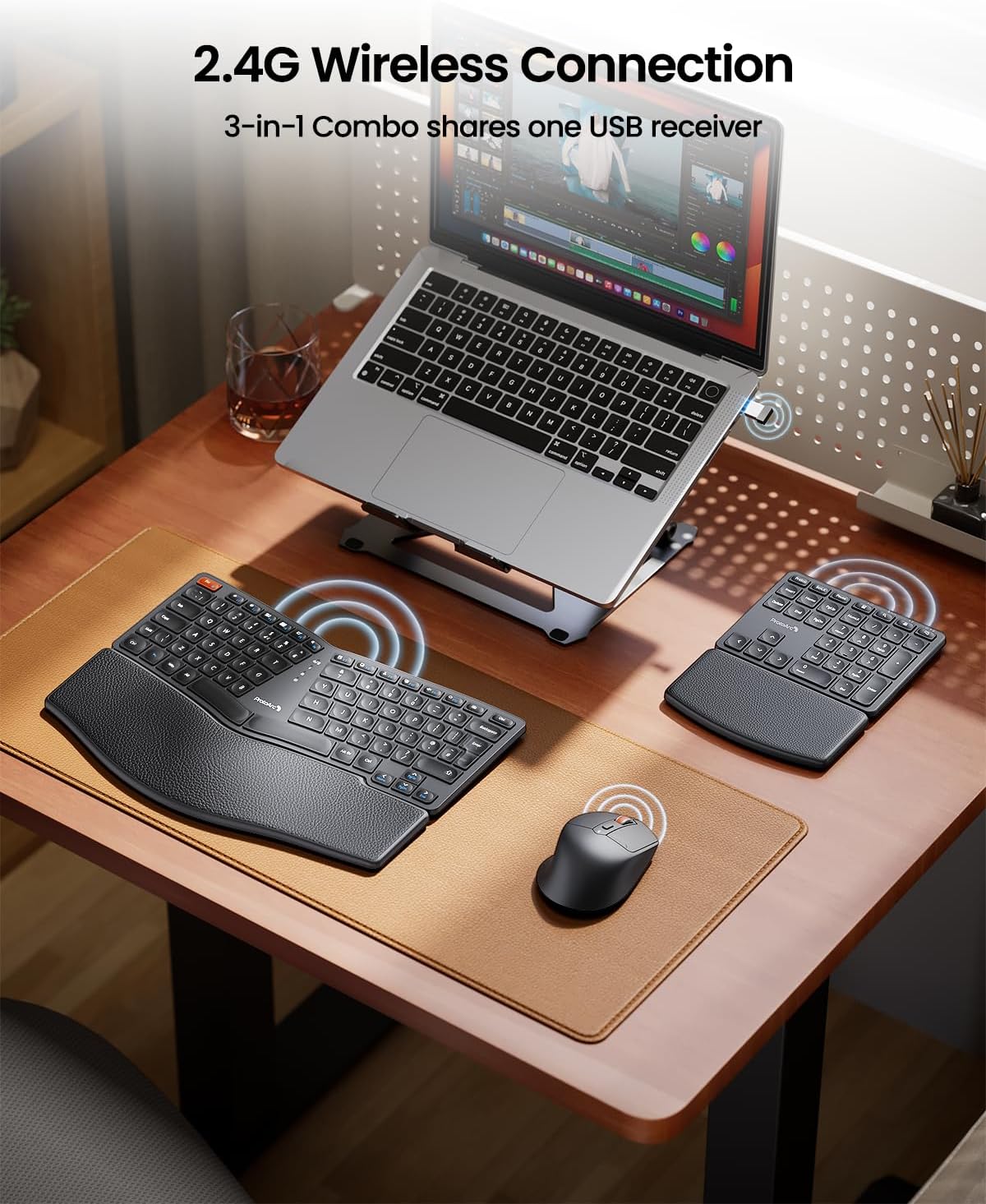 ProtoArc Ergonomic Keyboard Mouse, EKM04 2.4GHz Wireless Ergo Keyboard Mouse Combo, Separate Numeric Keypad, Split Design, Wrist Rest, Rechargeable, for Desktop, PC, Laptop, Windows