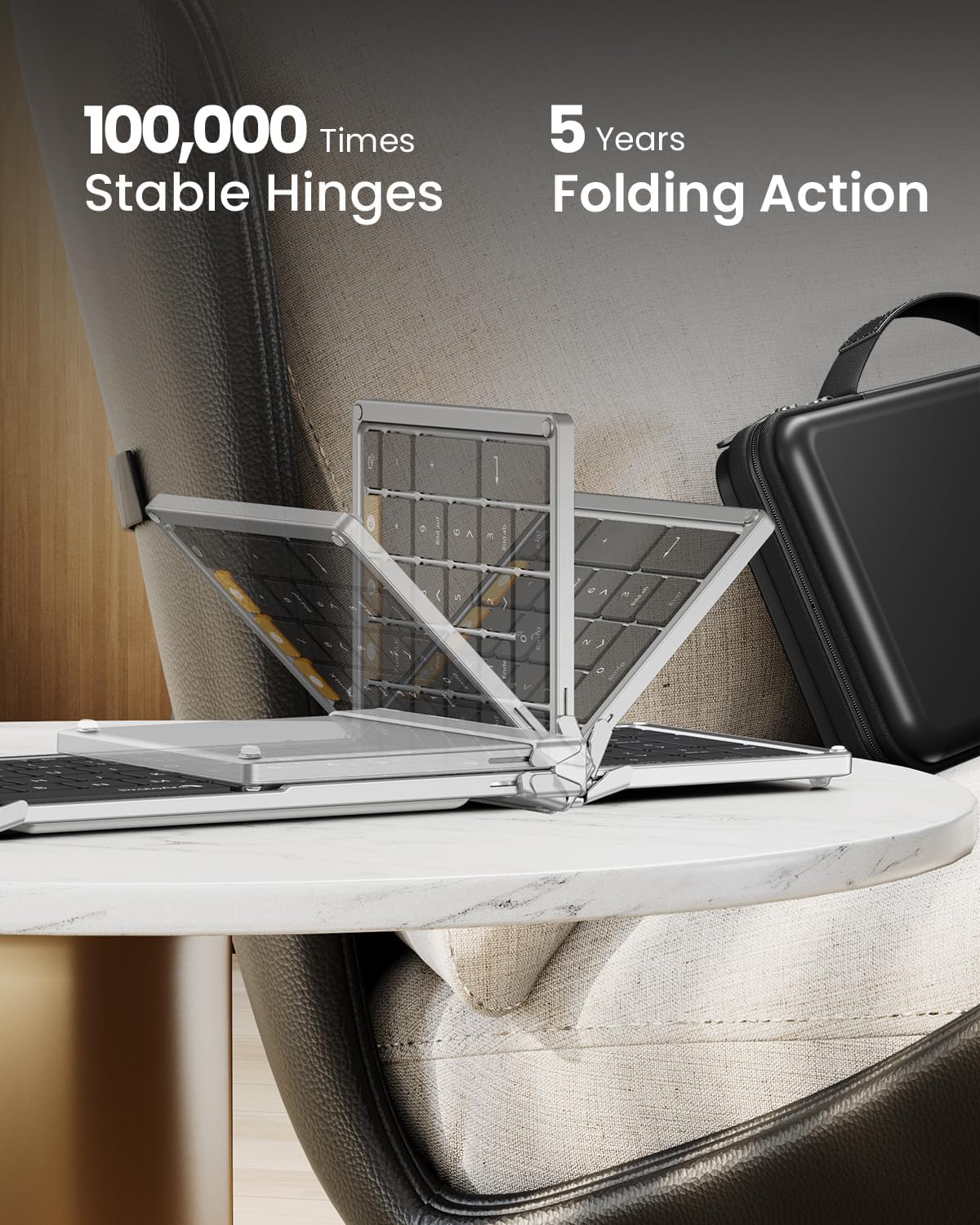 ProtoArc XKM01 foldable keyboard, stable hinges and 5-year folding action, for travel and business.