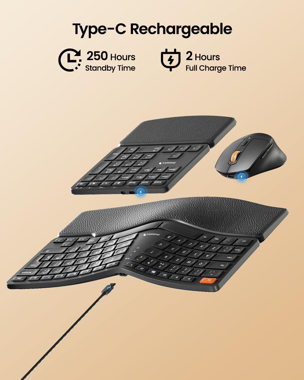 ProtoArc Ergonomic Keyboard Mouse, EKM04 2.4GHz Wireless Ergo Keyboard Mouse Combo, Separate Numeric Keypad, Split Design, Wrist Rest, Rechargeable, for Desktop, PC, Laptop, Windows