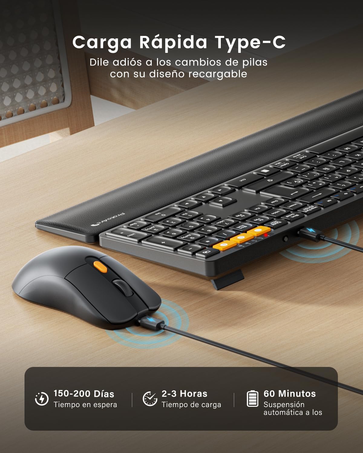 ProtoArc KM60 Rechargeable Bluetooth Wireless Keyboard and Mouse | Full Size with Wrist Rest, QWERTY Spanish, 2.4 GHz + 2 x Bluetooth, for Laptop, PC, Mac and Windows, Black