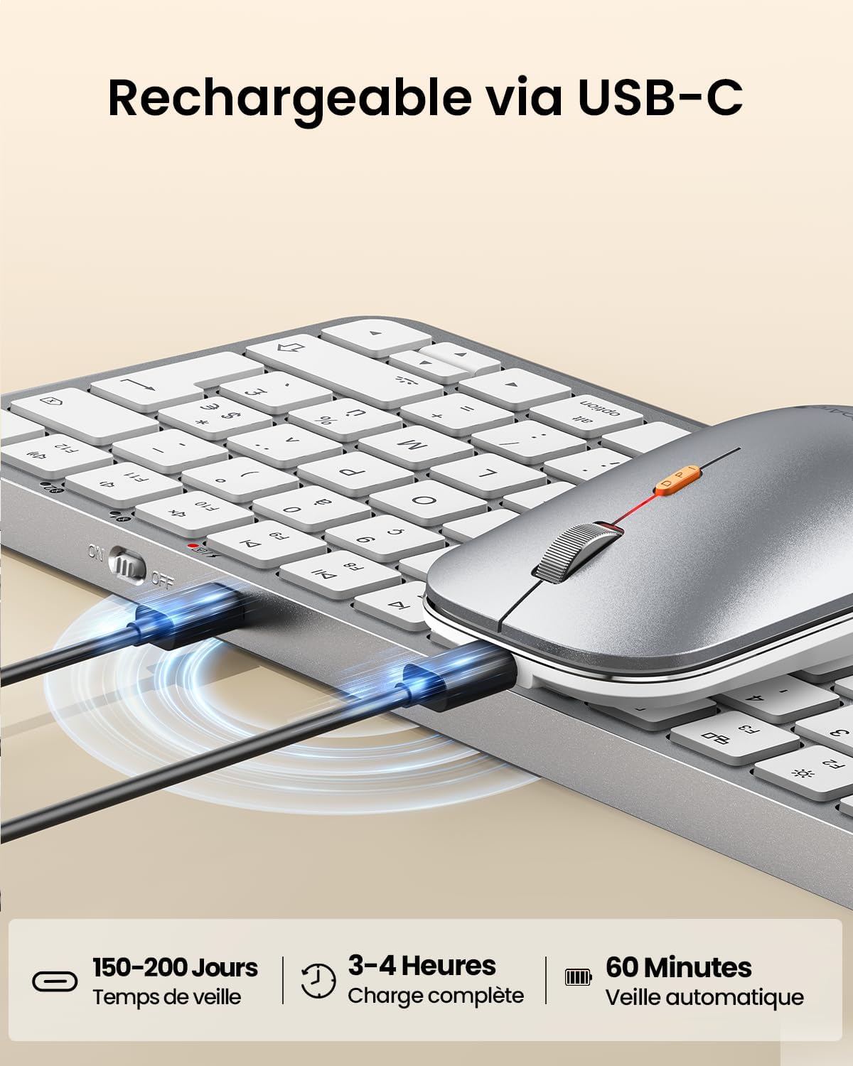 ProtoArc Retro Eclairé Clavier Souris Mac Compact sans Fil, KM90-A AZERTY Bluetooth Ensembles Clavier Souris, Multi-Appareils, Plat, Rechargeable, Compatible avec MacBook Pro/Air, iPad, iPhone - Blanc