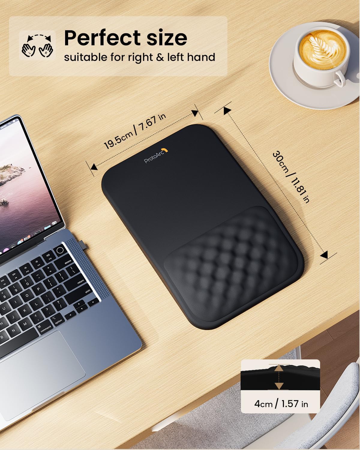 Black ProtoArc MP50 ergonomic mouse pad, 30x19.5x4cm, with textured wrist rest, suitable for right & left hand.