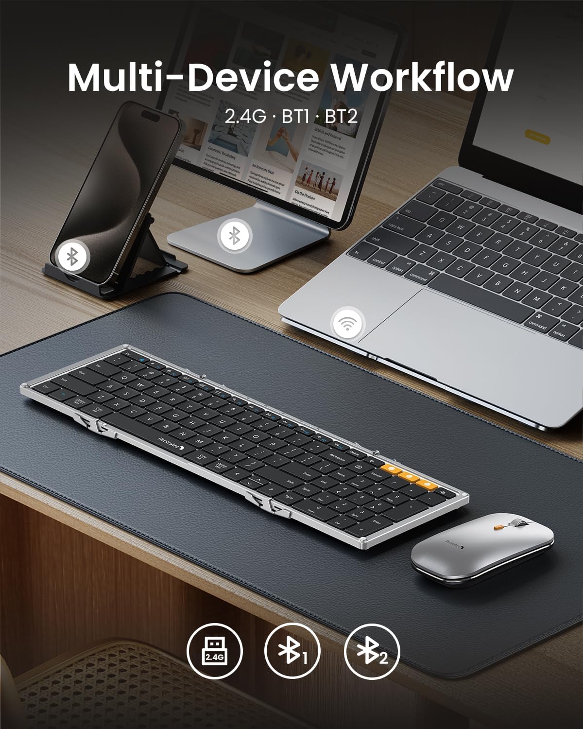 ProtoArc XKM01 combo, multi-device workflow: Bluetooth & 2.4G for laptop, tablet, phone.