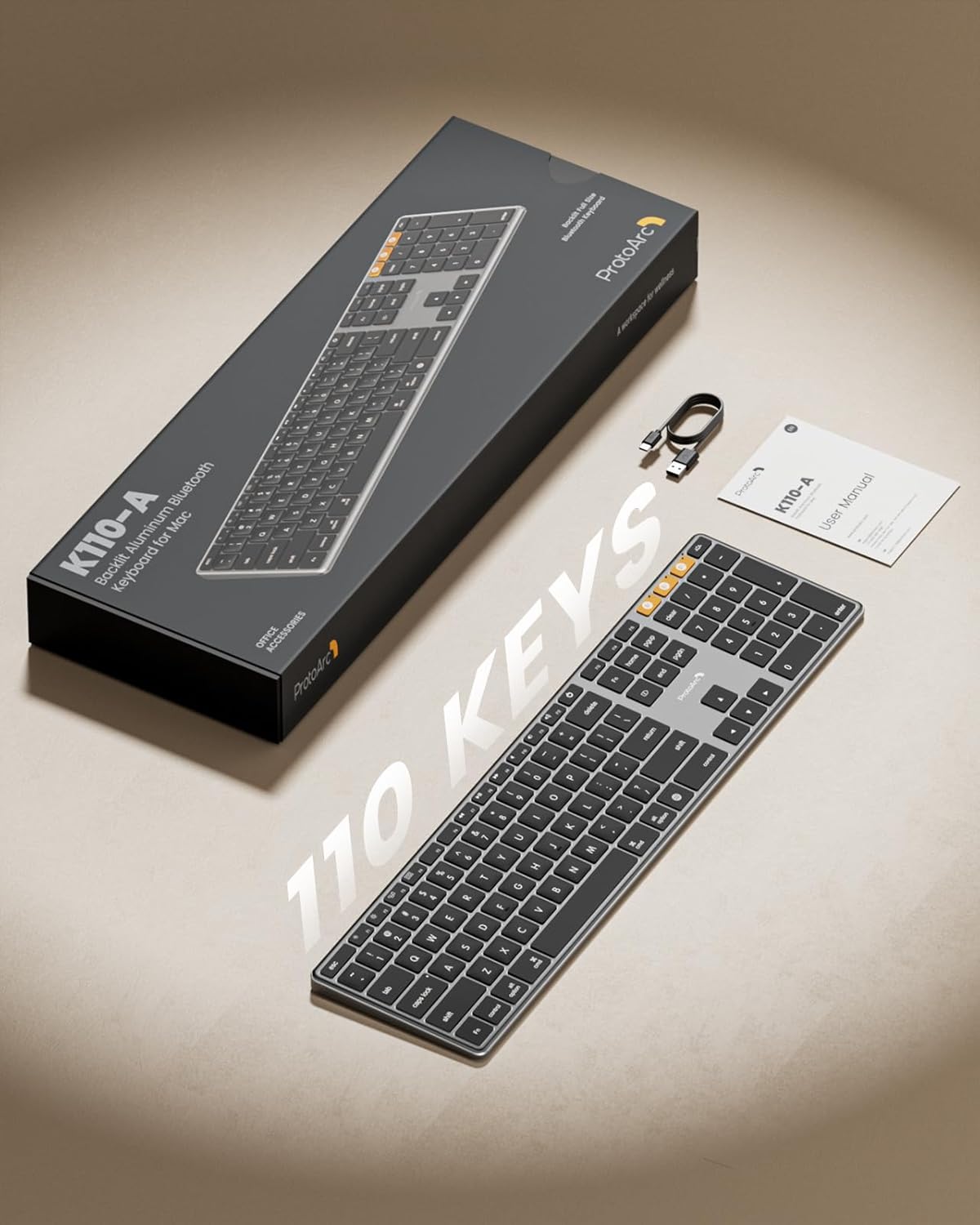 ProtoArc K110-A Slim Aluminum Backlit Bluetooth Keyboard for Mac with 110 keys, shown with box and accessories.
