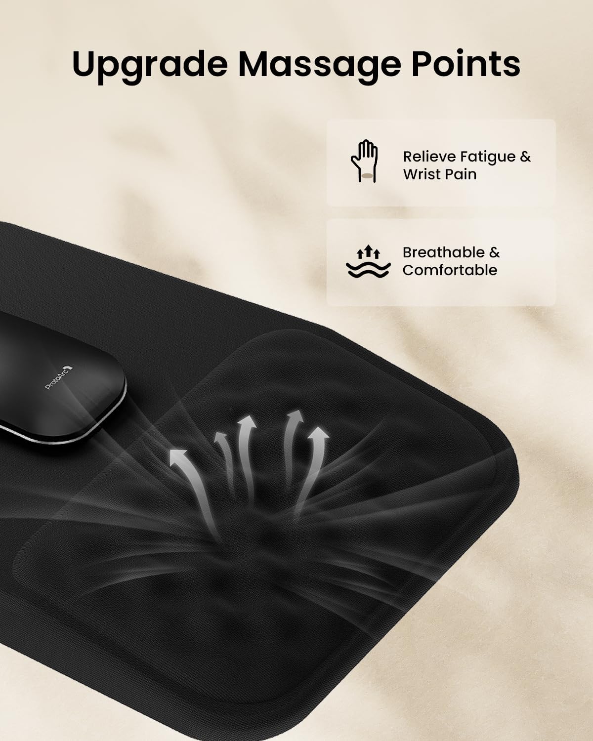 Black ergonomic mouse pad: relieves fatigue, breathable, comfortable. ProtoArc mouse visible.