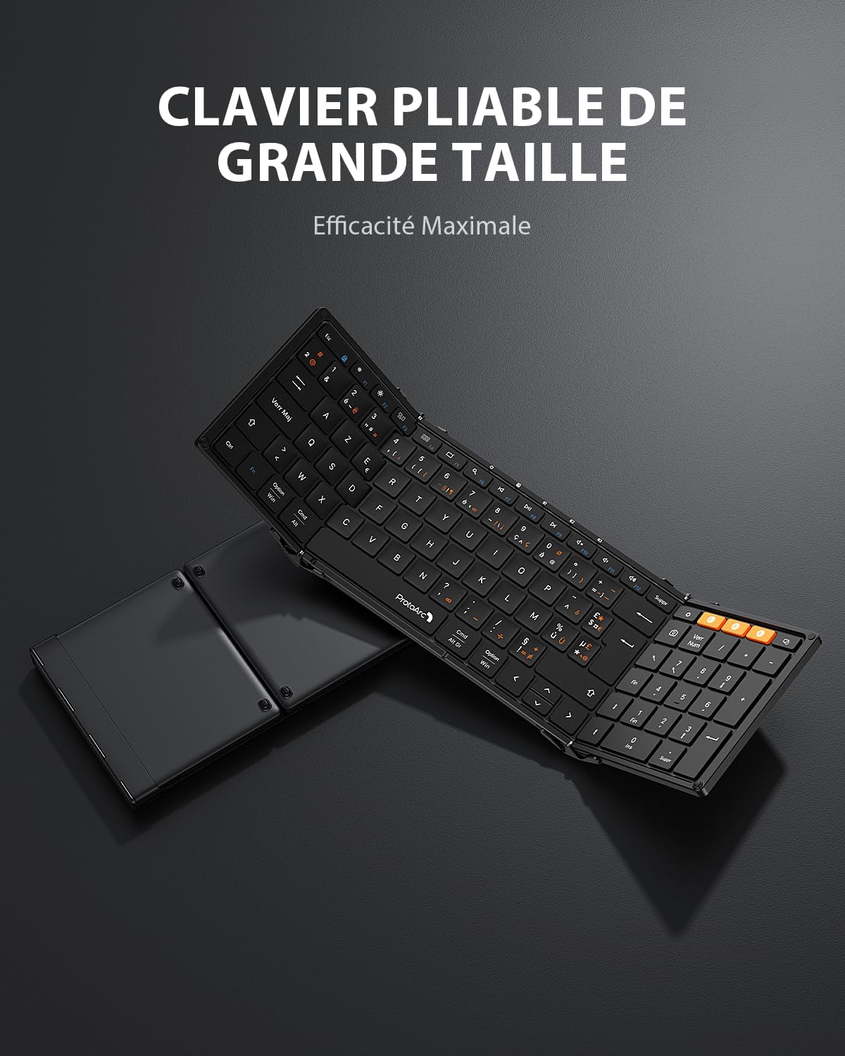 ProtoArc XK01 Clavier Bluetooth Pliable AZERTY avec Pavé Numérique | 105 Touches, 3 Appareils Bluetooth, Rechargeable, Compatible avec Android Windows iOS Téléphone Tablette iPad