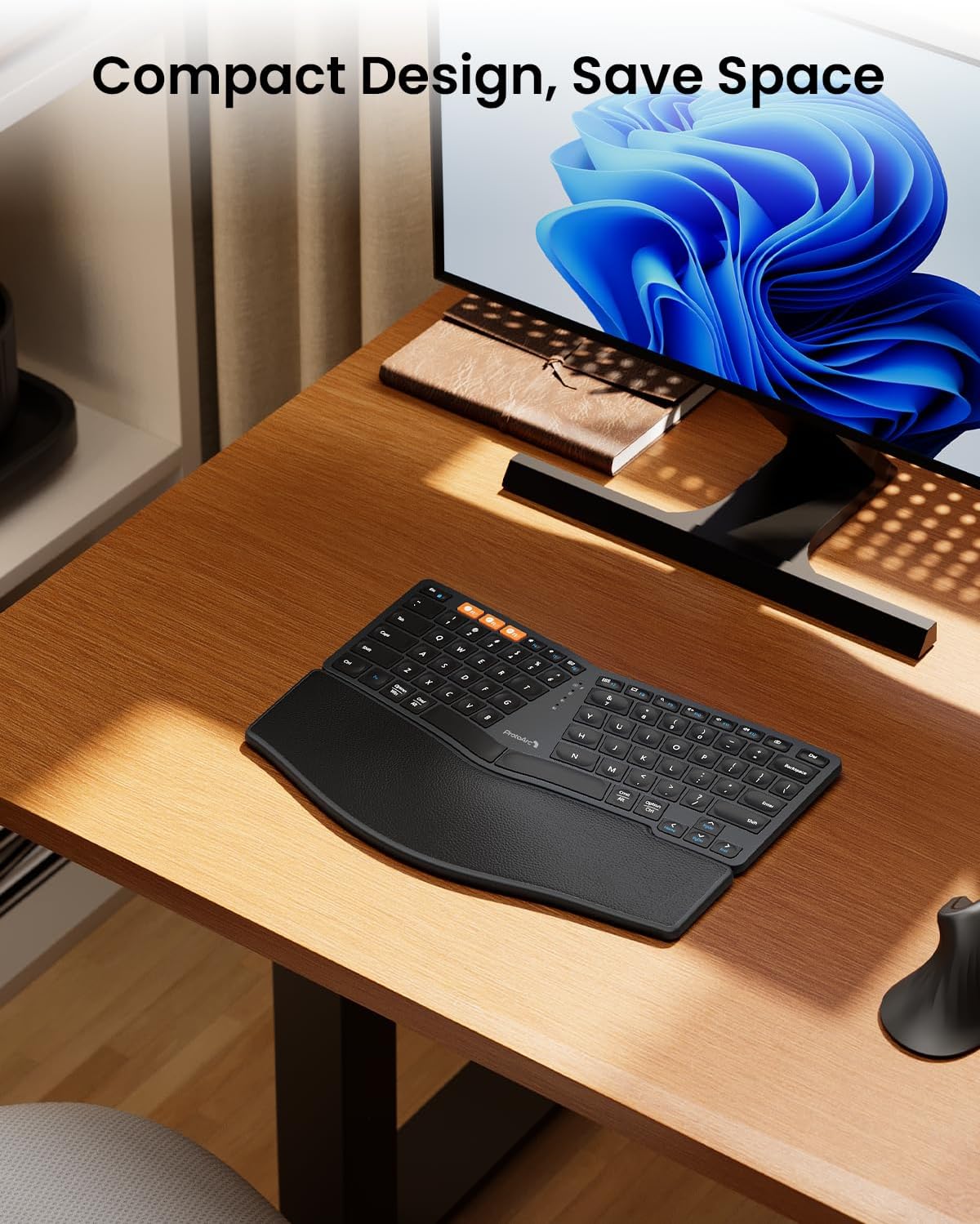 ProtoArc Bluetooth Ergonomic Keyboard, EK04 Mini Compact Wireless Ergo Keyboard with Palm Rest, Split Design, Natural Typing, Bluetooth and USB, Rechargeable, for Windows/Mac - Black