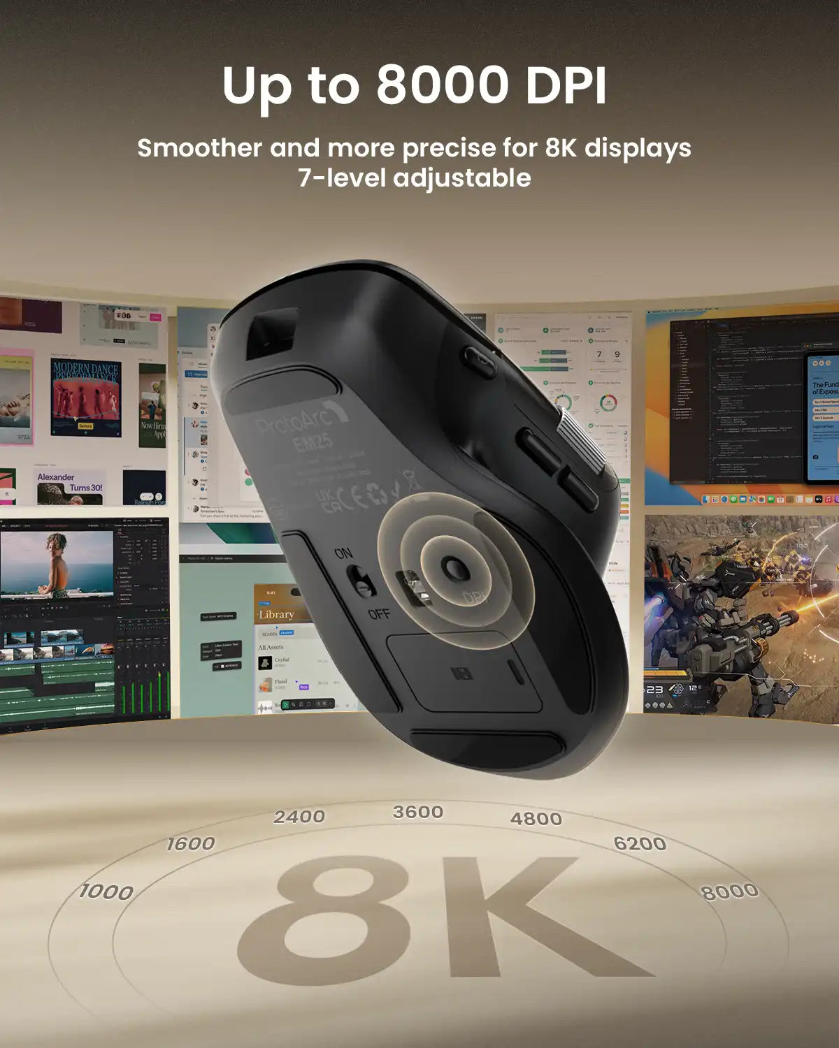 ProtoArc EM25 ergonomic mouse with up to 8000 DPI and 7-level adjustable precision
