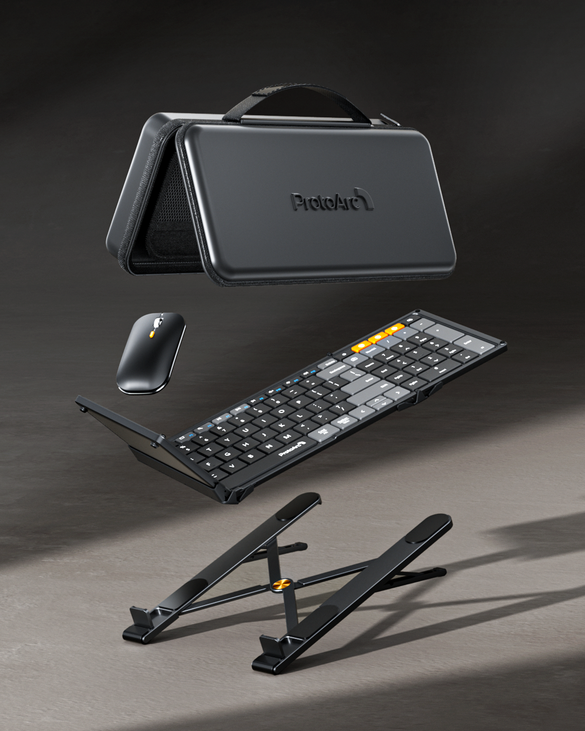 XKM01 CaseUp foldable keyboard, ergonomic mouse, laptop stand, and travel case arranged on textured background.
