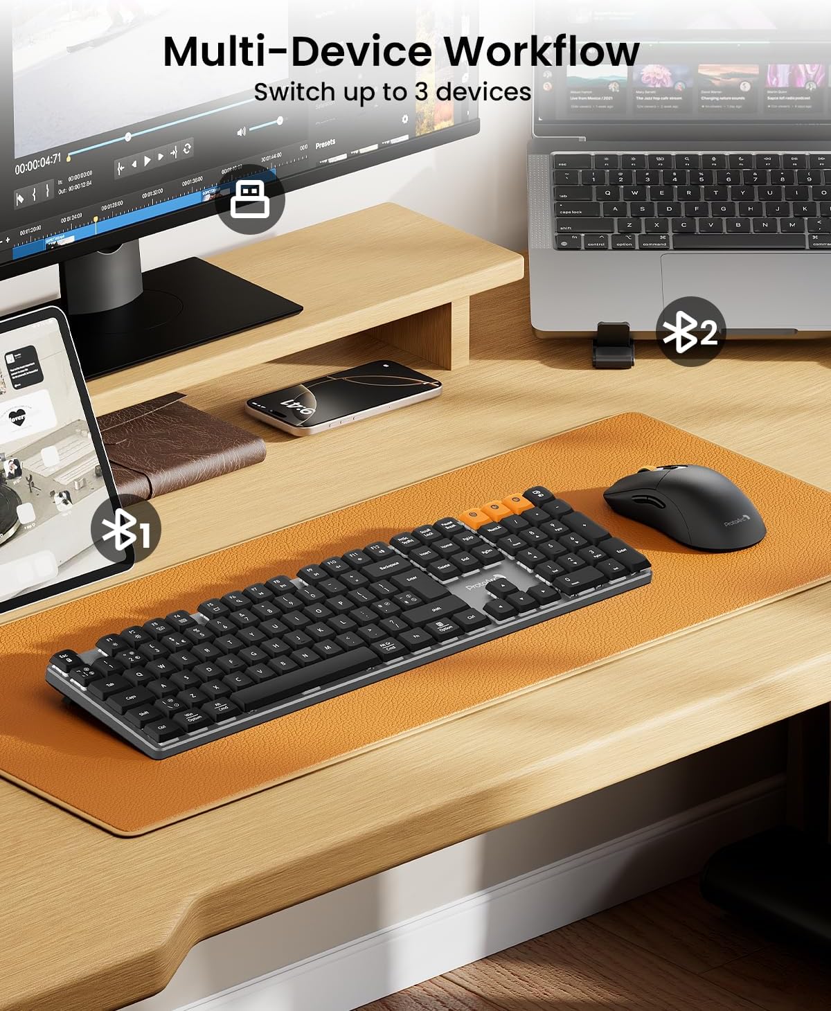 ProtoArc KM310 Wireless Mechanical Keyboard and Mouse, 2.4G+Dual Bluetooth | Low Profile Red Switches, UK QWERTY, USB-C Rechargeable, 3-Device Switching, for Windows/Mac/Android, Space Gray