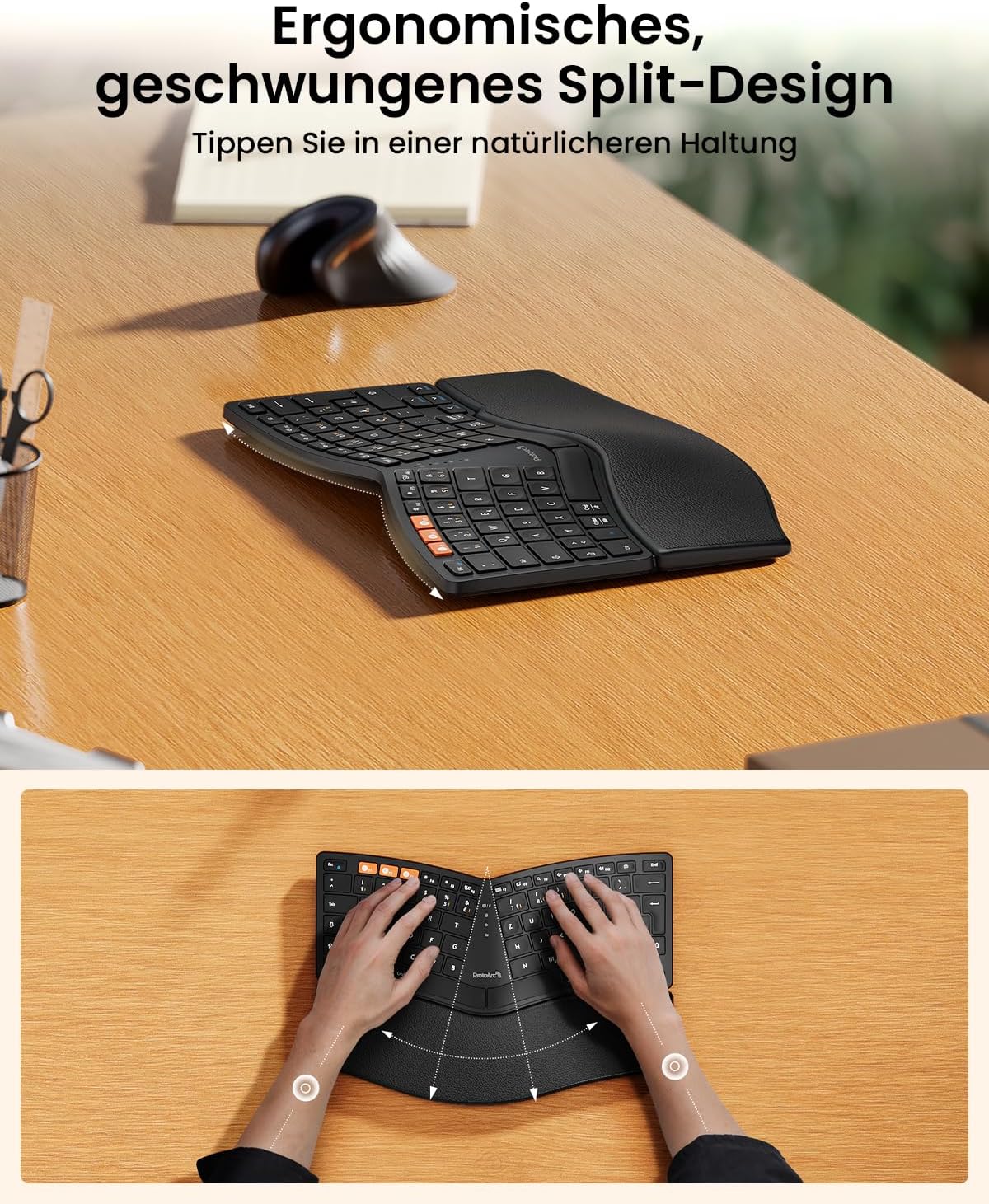 ProtoArc Bluetooth Ergonomic Keyboard, EK04 Mini Wireless Ergo Keyboard Compact with Wrist Rest, Split Design, Natural Typing Feel, Bluetooth & USB, Rechargeable, for Windows/Mac